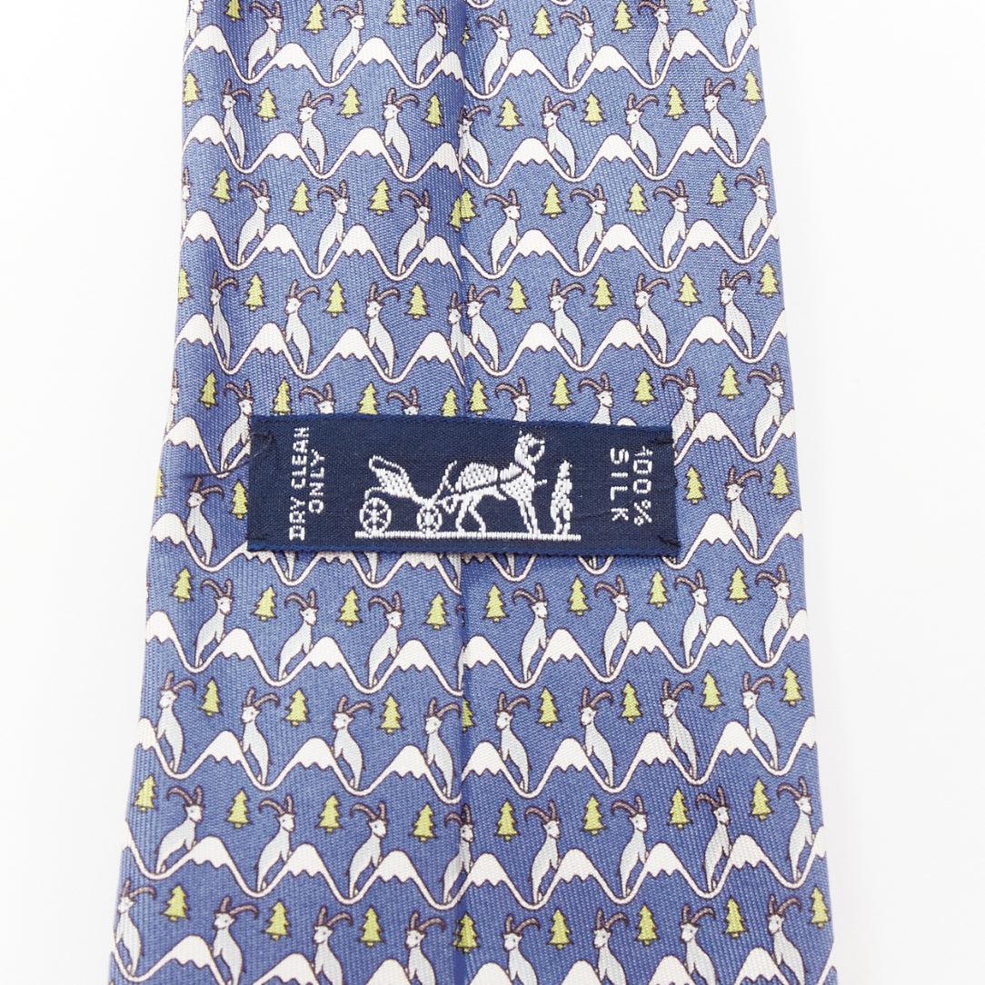 HERMES blue white green 100% silk goat mountain tree print formal tie In Excellent Condition In Hong Kong, NT