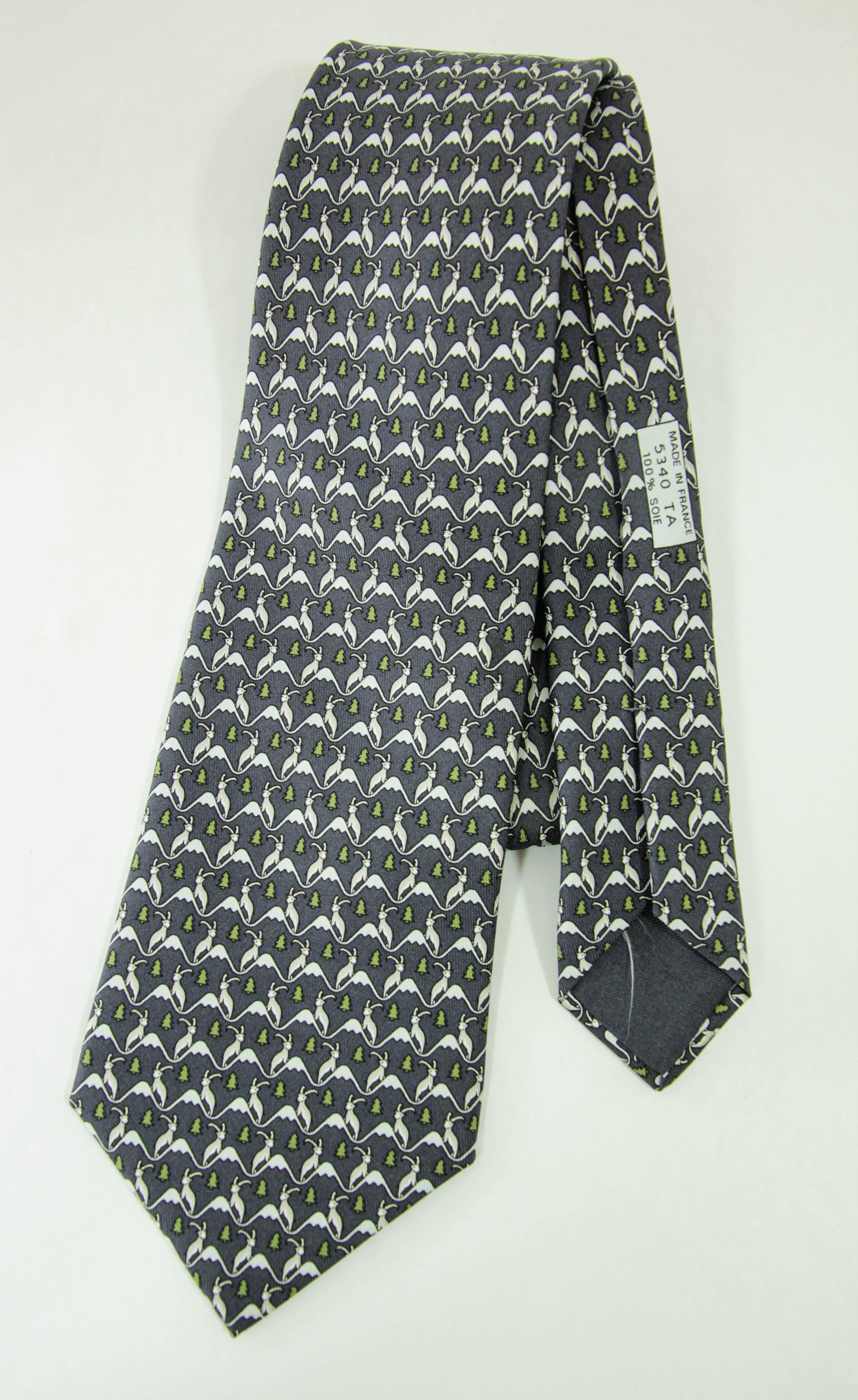 HERMES blue white green 100% silk goat mountain tree print formal tie In Good Condition For Sale In North Hollywood, CA