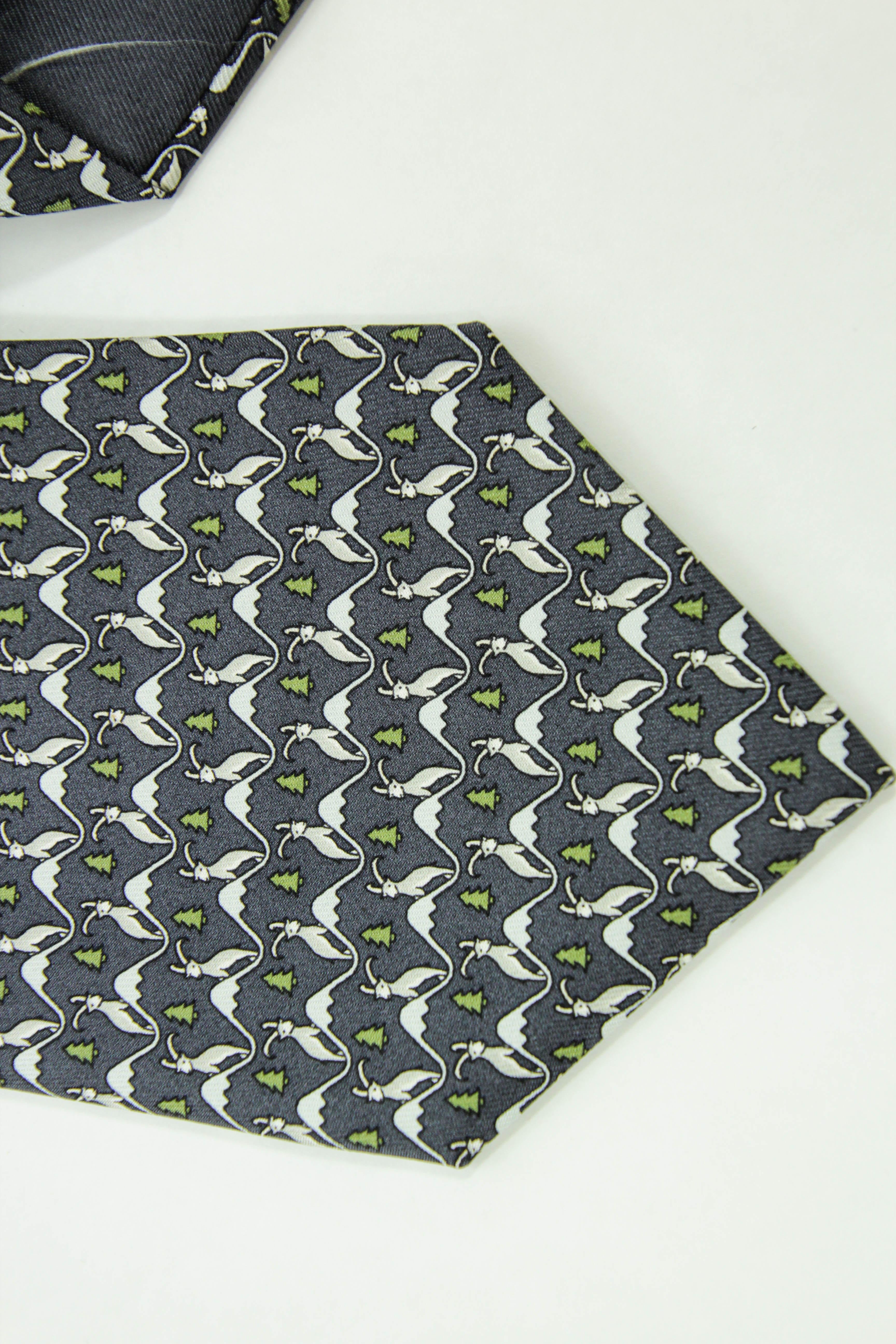 Men's HERMES blue white green 100% silk goat mountain tree print formal tie For Sale