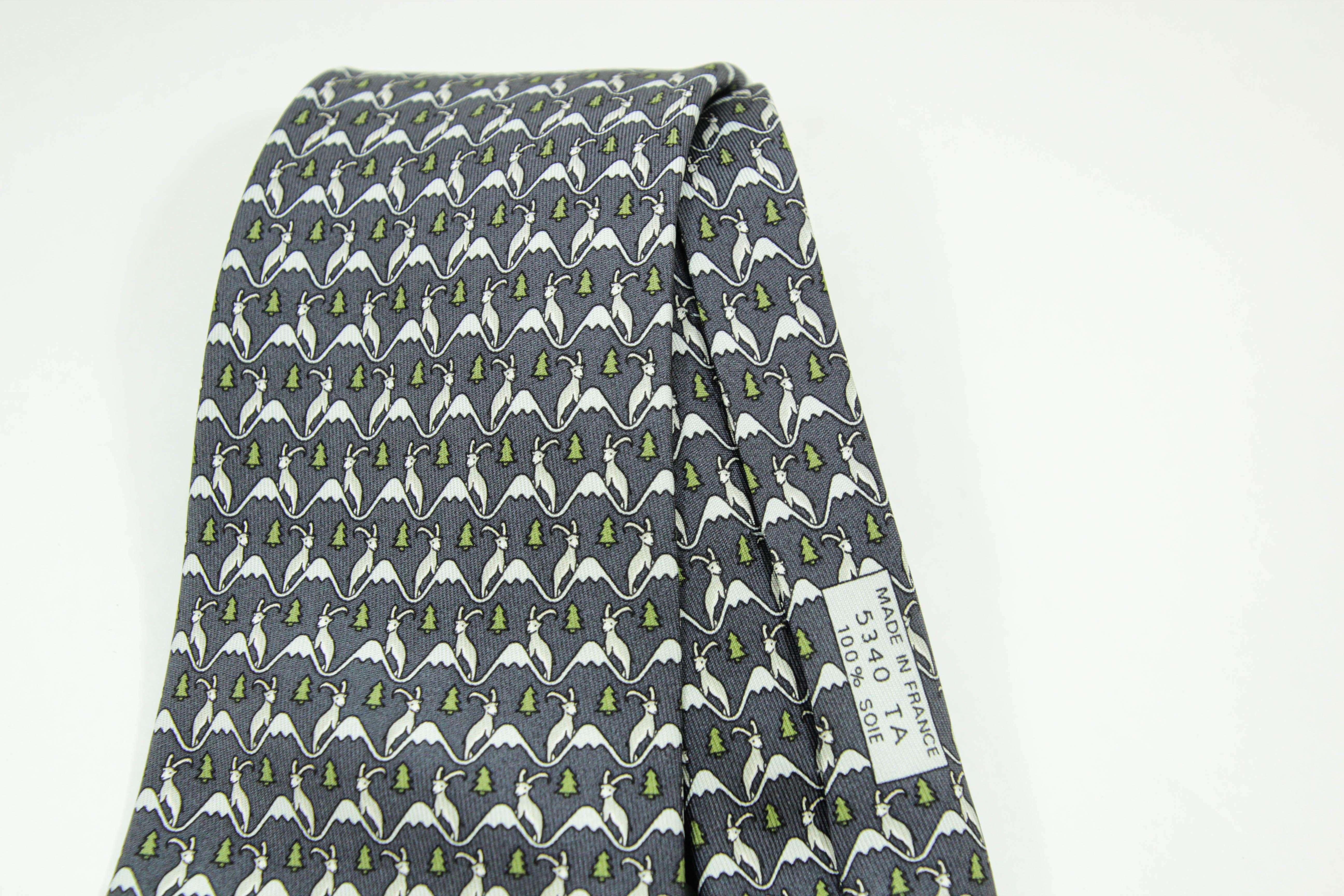 HERMES blue white green 100% silk goat mountain tree print formal tie For Sale 1