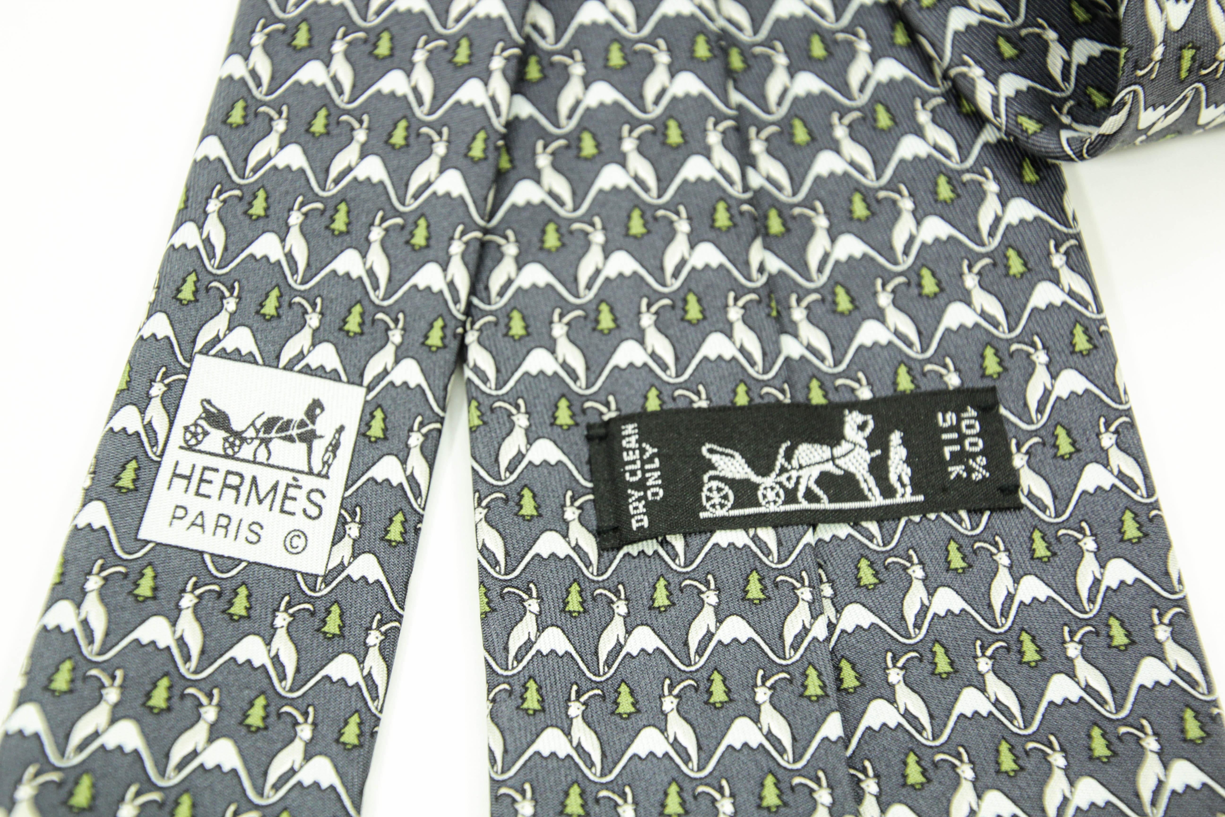 HERMES blue white green 100% silk goat mountain tree print formal tie For Sale 2