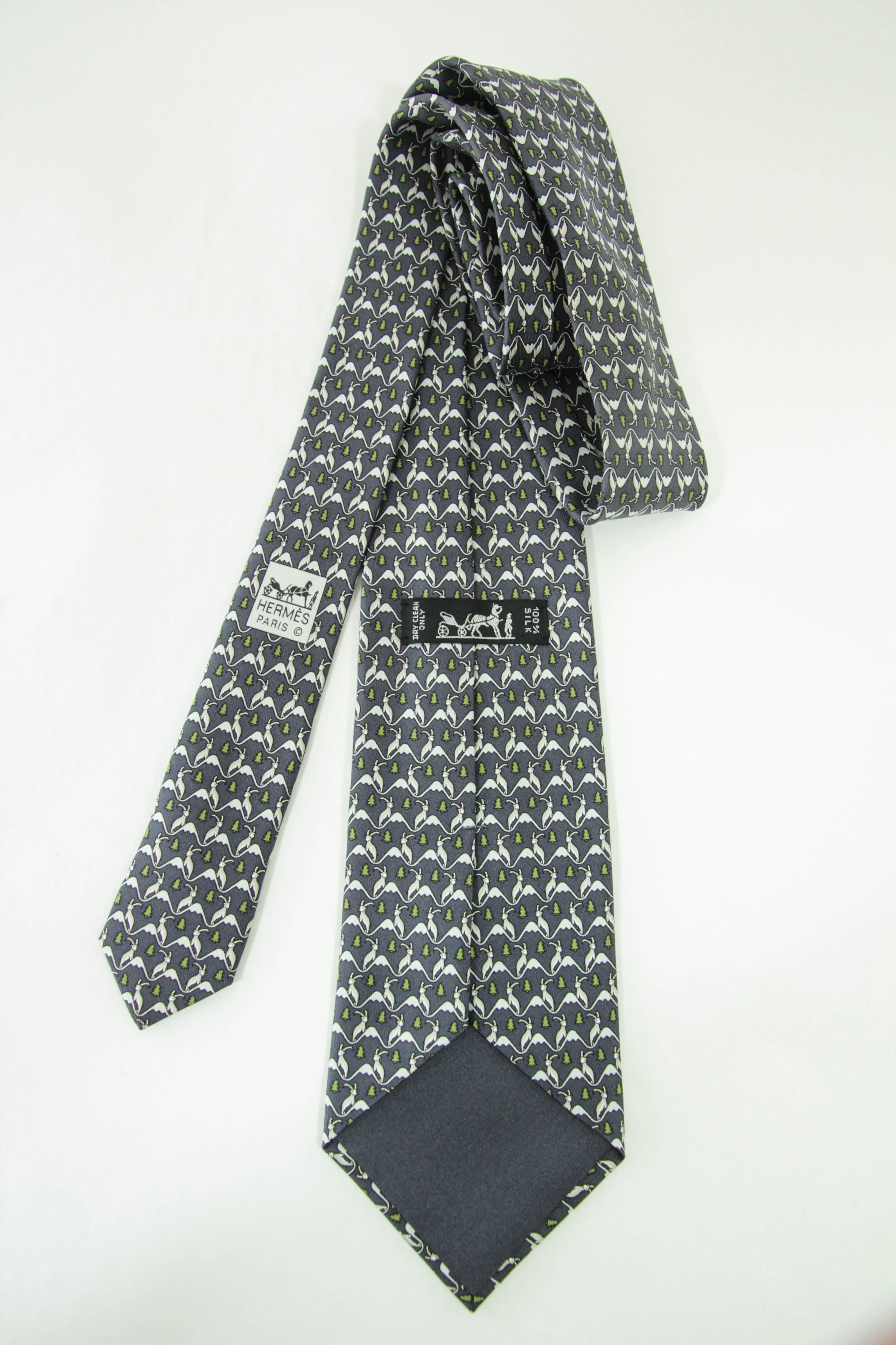 HERMES blue white green 100% silk goat mountain tree print formal tie For Sale 3