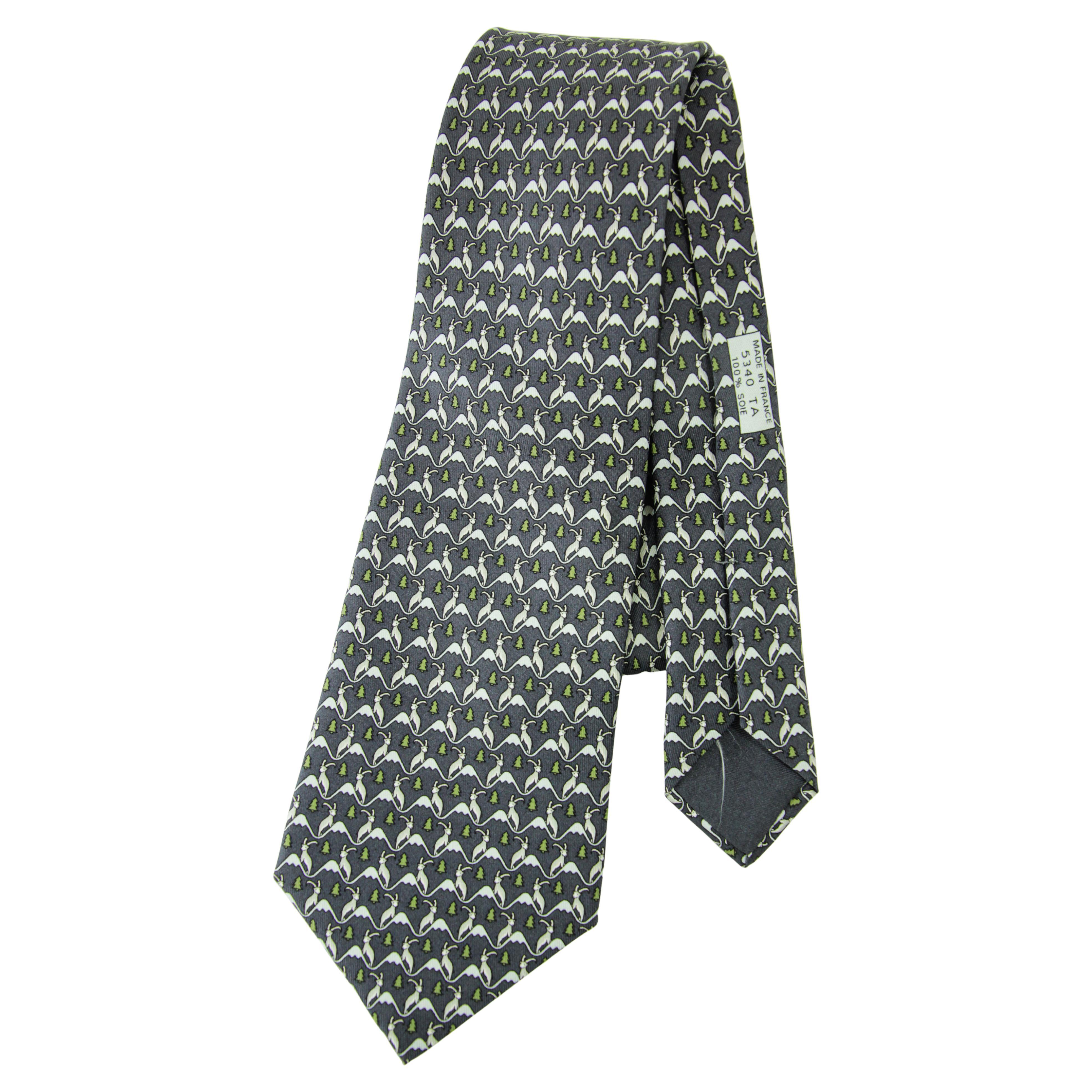 HERMES blue white green 100% silk goat mountain tree print formal tie For Sale