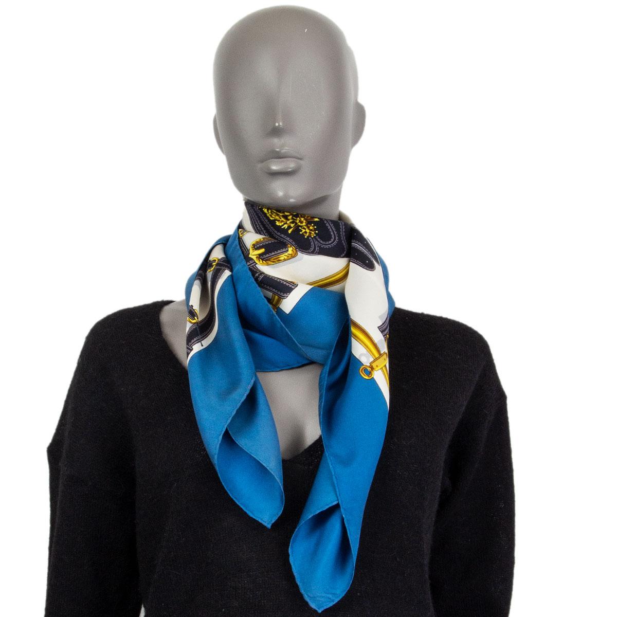 Hermes blue & white HARNAIS DES PRESIDENTS 90 silk twill Scarf For Sale 1