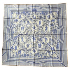 Hermes Blue/White Les Nouveaux Amoureux de Paris 90cm Silk Scarf by Pierre Marie