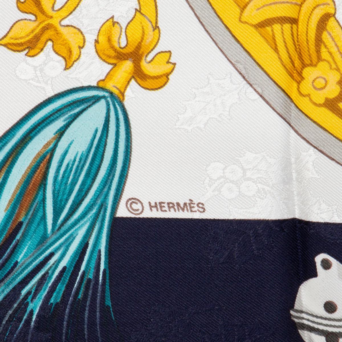 Hermes blue white PLUMES ET GRELOTS 90 silk twill Scarf For Sale 1