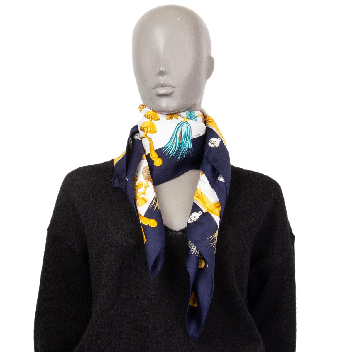 Hermes blue white PLUMES ET GRELOTS 90 silk twill Scarf For Sale 2