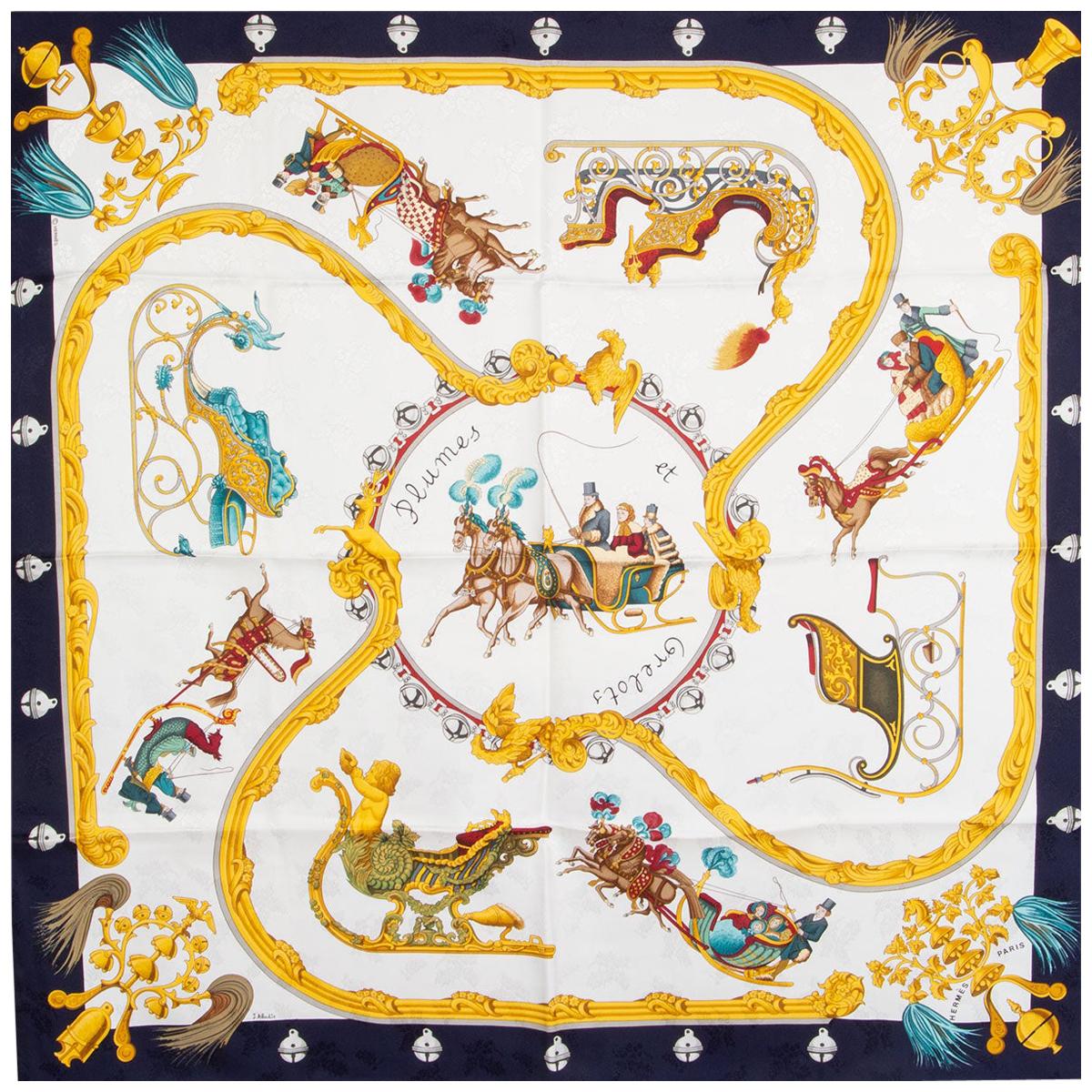 Hermes blue white PLUMES ET GRELOTS 90 silk twill Scarf