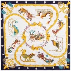 Hermes blue white PLUMES ET GRELOTS 90 silk twill Scarf