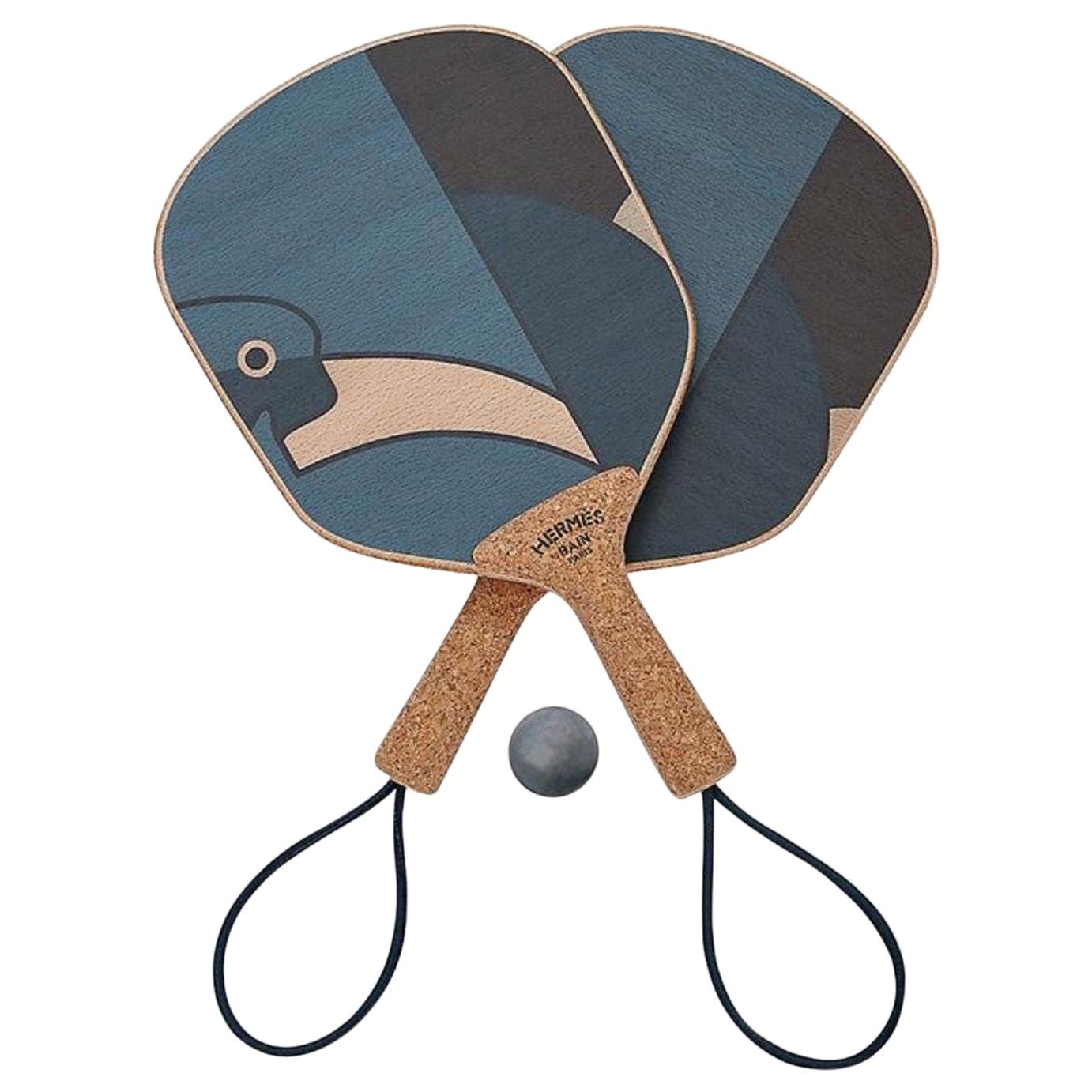 Hermes NEW Blue Wood Cork Logo Men's Women's Novelty Game Ping Pong Racquet Set
