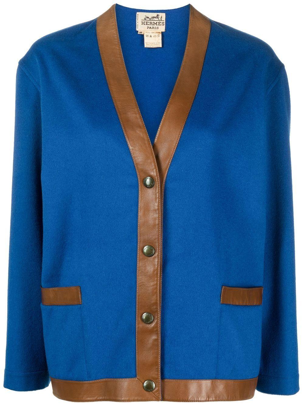 Hermes Blaue Jacke aus Wolle und Leder im Angebot 3