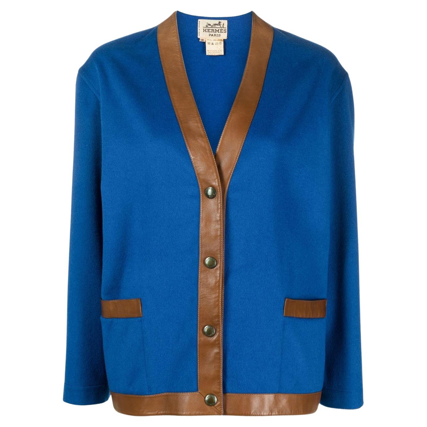 Hermes Blaue Jacke aus Wolle und Leder im Angebot