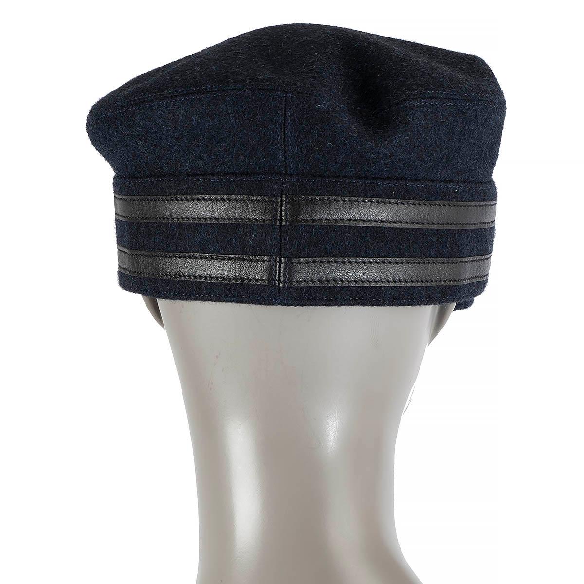 Women's HERMES blue wool FELT & LEATHER TRIMMED Cap Hat 59