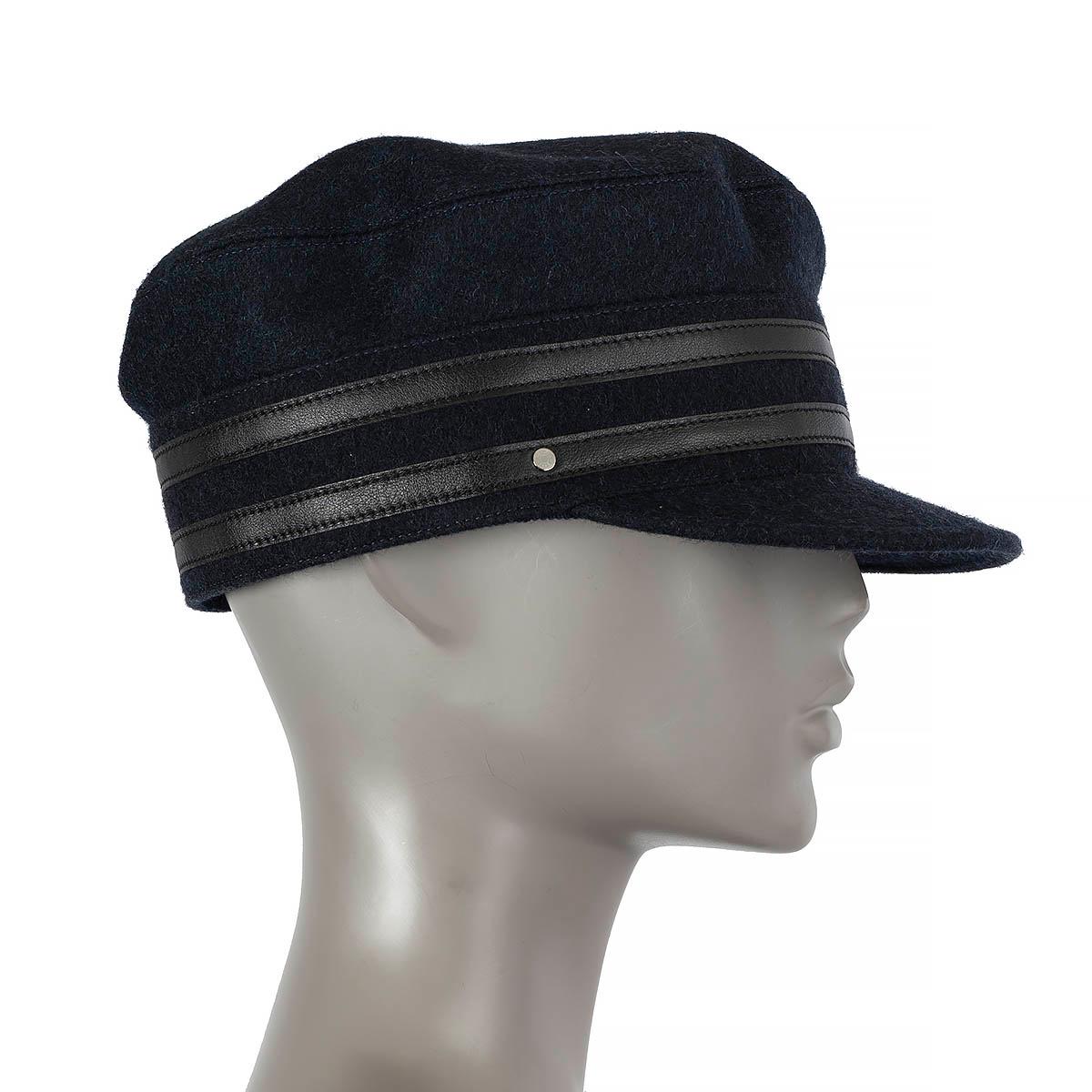 HERMES blue wool FELT & LEATHER TRIMMED Cap Hat 59 1