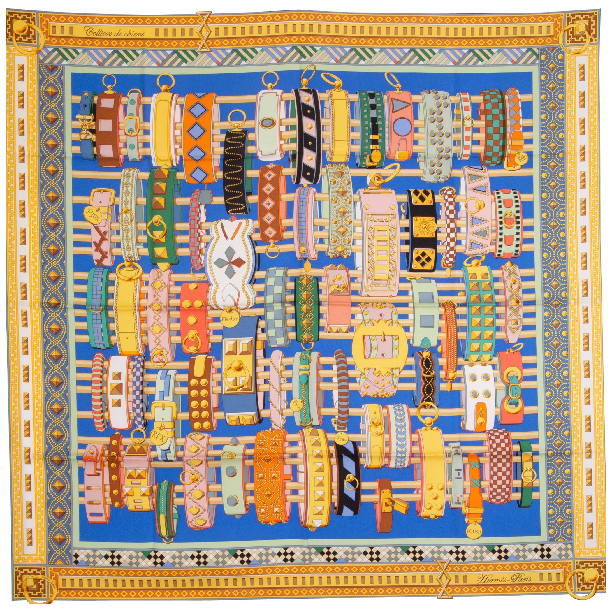 HERMES blue yellow COLLIERS DE CHIENS 90 silk twill Scarf