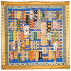 HERMES blue yellow COLLIERS DE CHIENS 90 silk twill Scarf