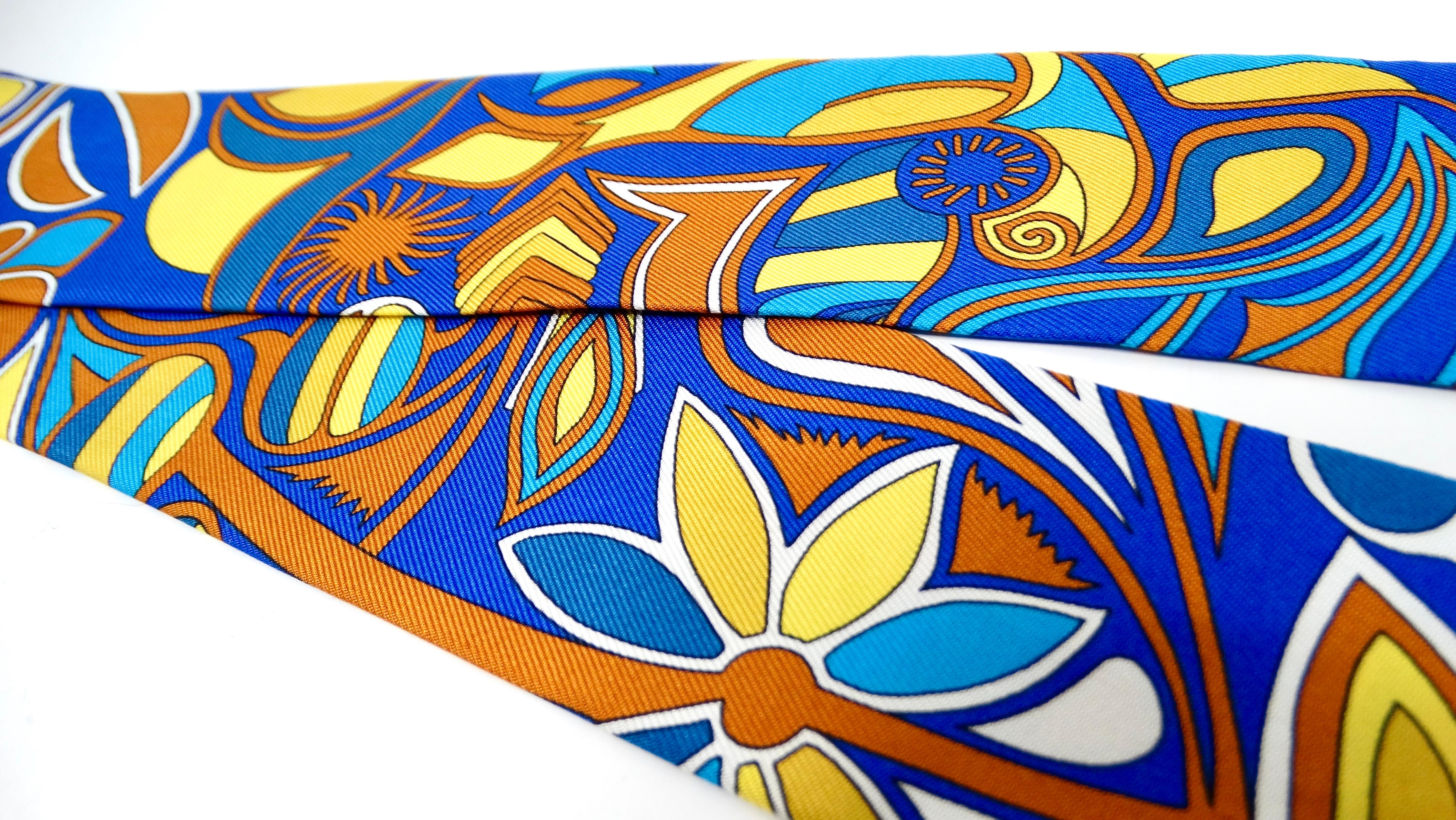 Purple Hermes Blue & Yellow Folklore Print Silk Twilly For Sale