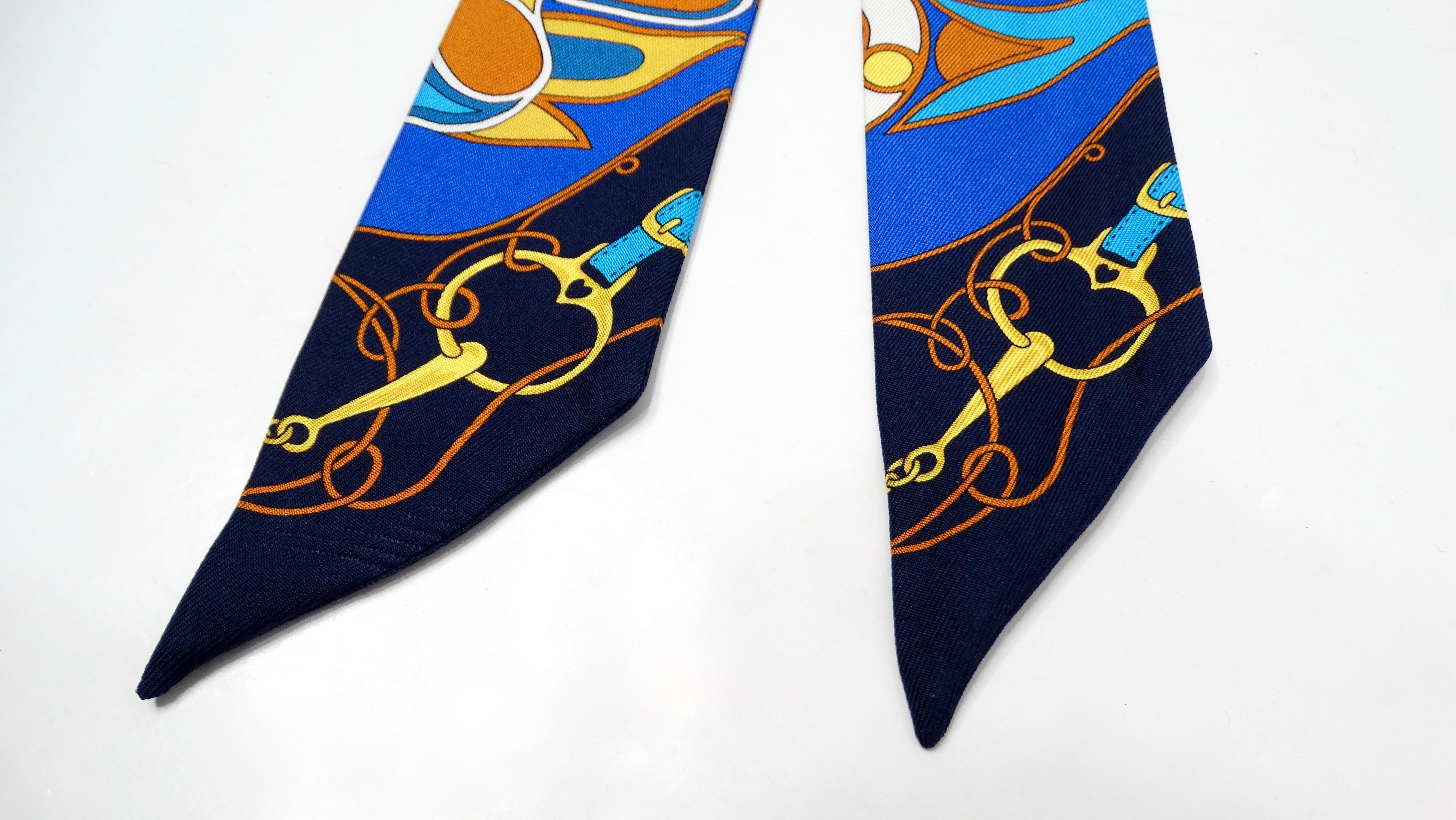 Hermes Blue & Yellow Folklore Print Silk Twilly In Good Condition For Sale In Scottsdale, AZ