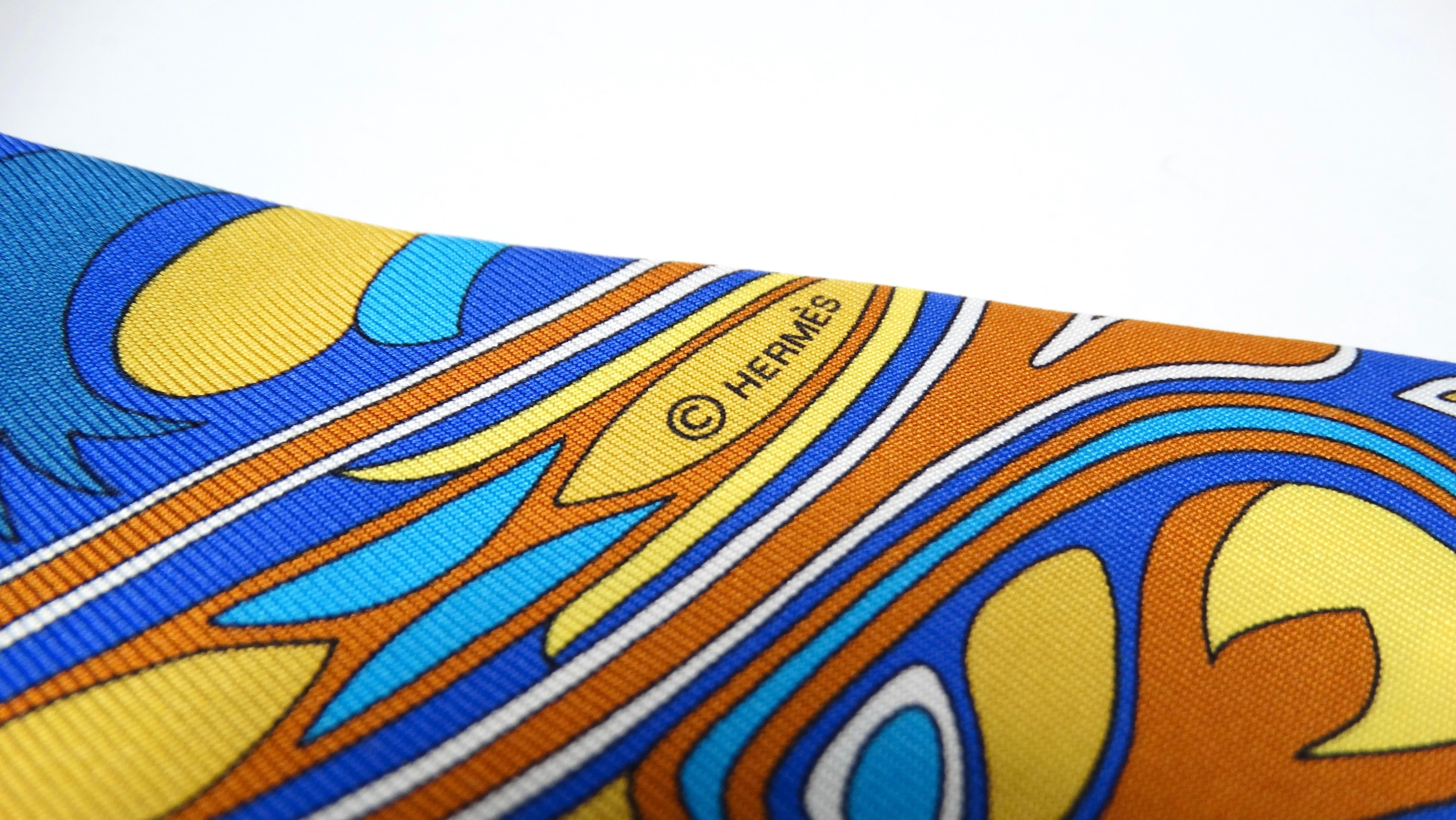 Women's or Men's Hermes Blue & Yellow Folklore Print Silk Twilly For Sale