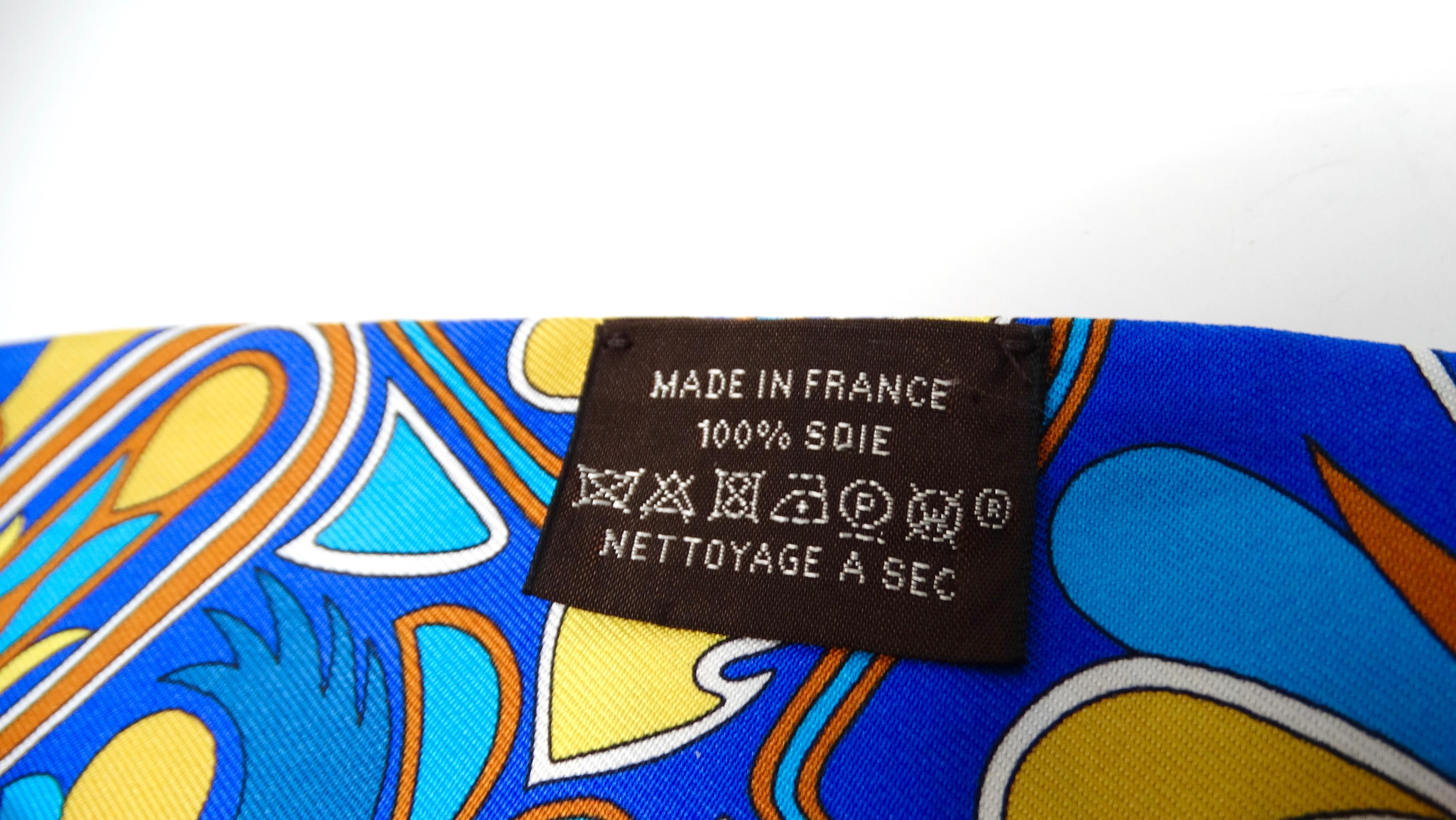 Hermes Blue & Yellow Folklore Print Silk Twilly For Sale 1