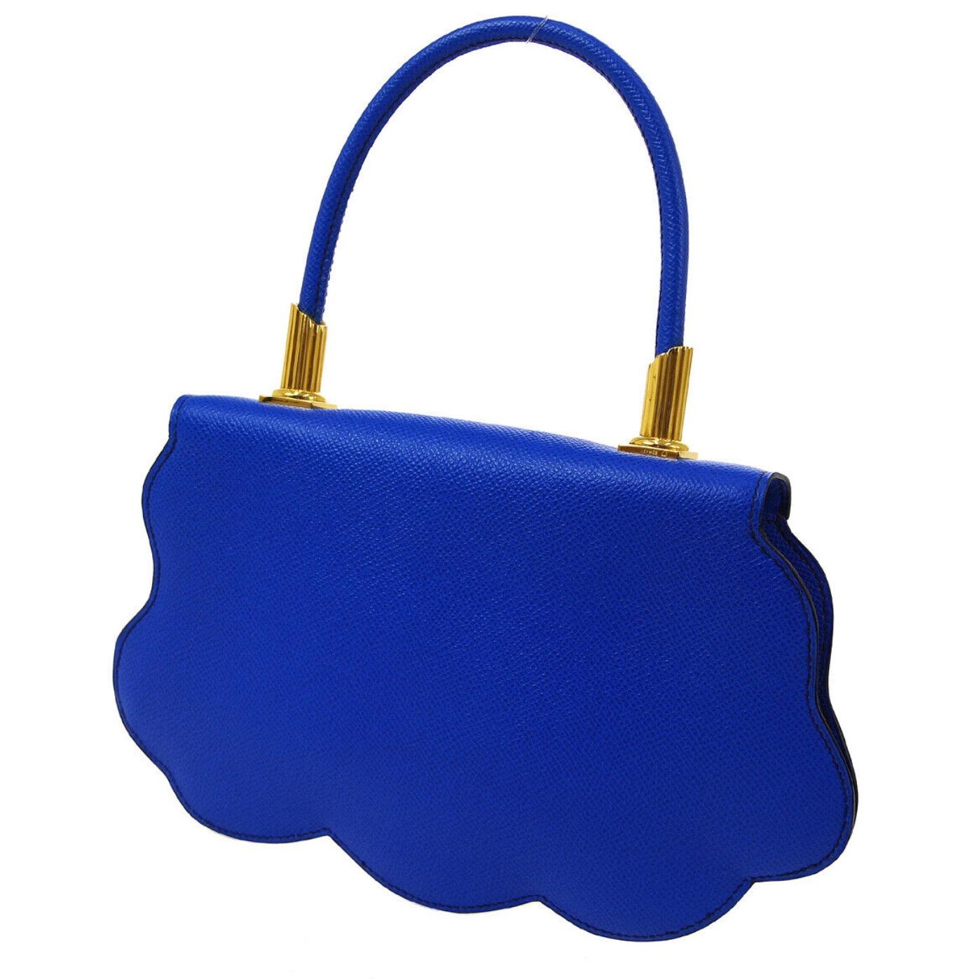 Hermes Blue Yellow White Leather Sac Small Top Handle Kelly Satchel Evening Bag In Good Condition In Chicago, IL