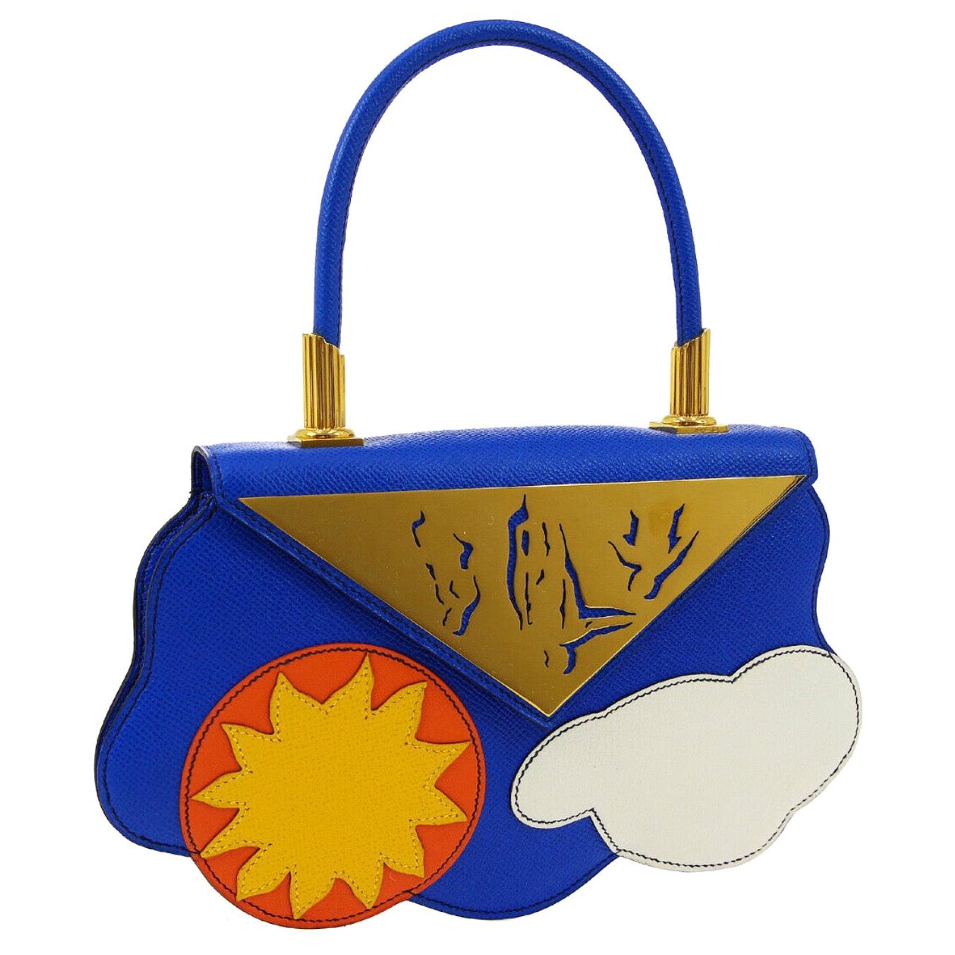 Hermes Blue Yellow White Leather Sac Small Top Handle Kelly Satchel Evening Bag