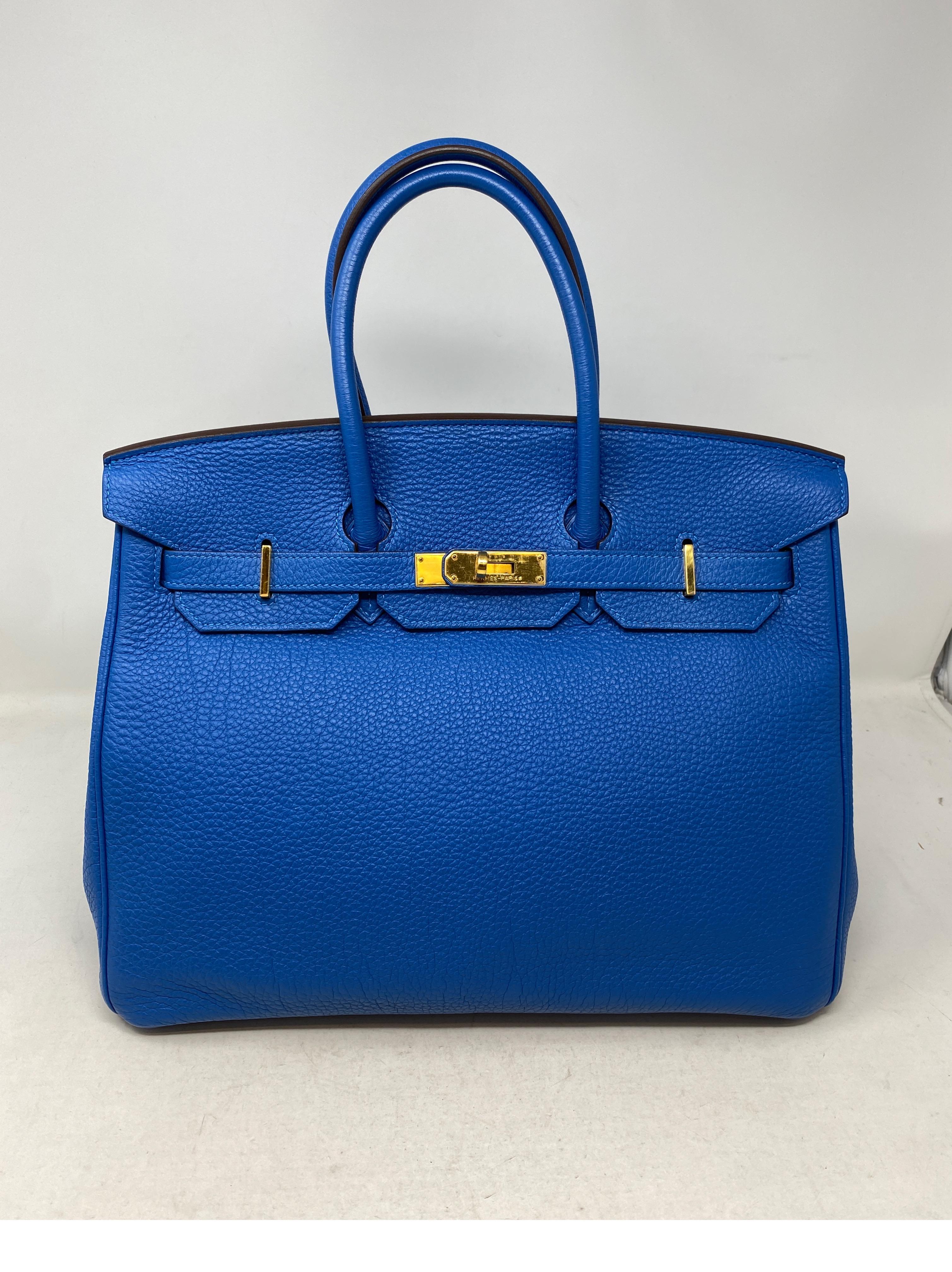 Hermes Blue Zanzibar Birkin 35 Bag. Beautiful blue leather togo Birkin bag. Gold hardware. Excellent condition. Hard to find blue color. Don't miss out on this investment bag. Priced to sell fast. Includes clochette, lock, keys, and dust cover.