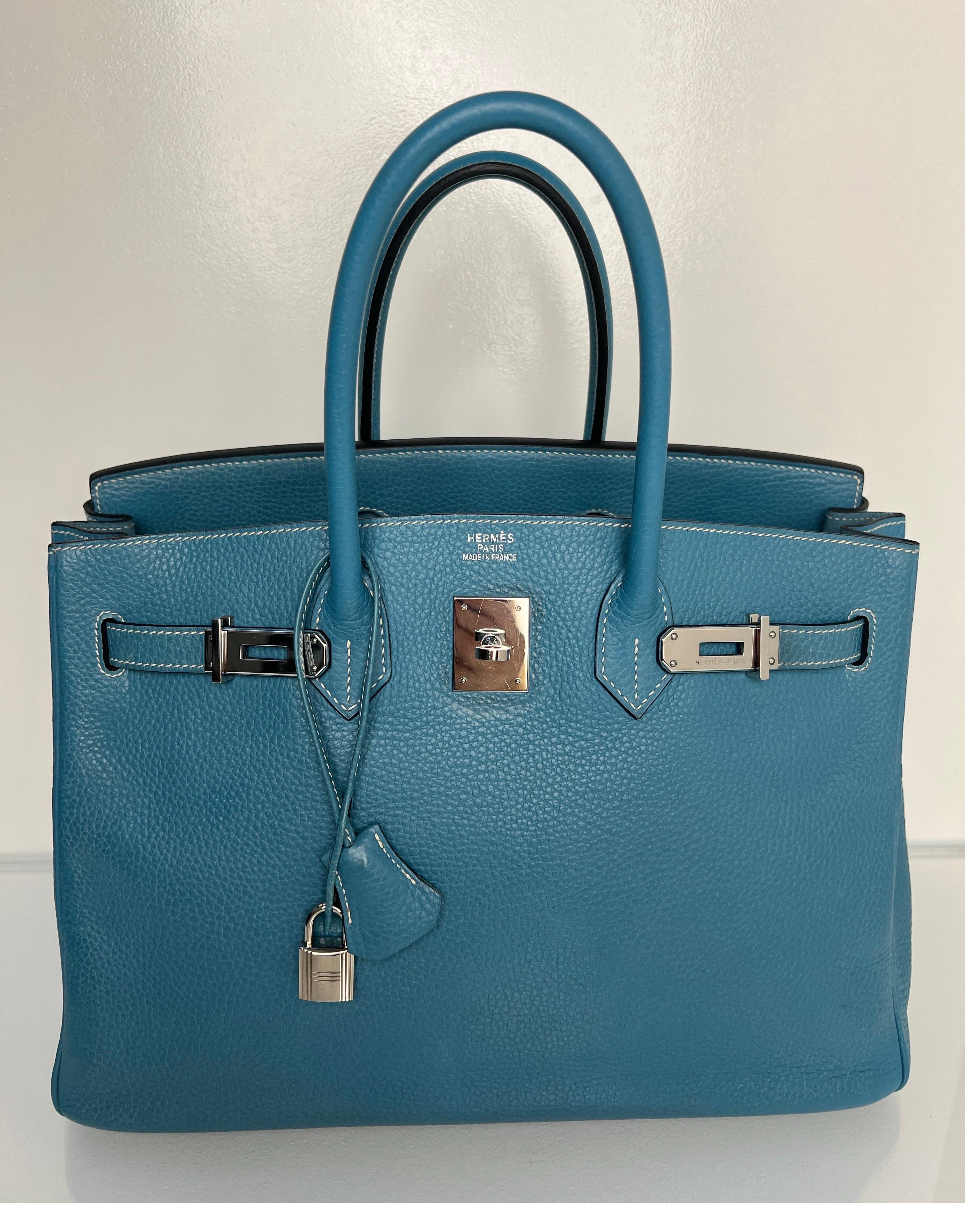 Hermes Blue Jean Birkin 35 Bag. Good condition. Palladium silver hardware. Interior clean. Clemence leather. Includes clochette, lock, keys, and dust bag. Guaranteed authentic. 