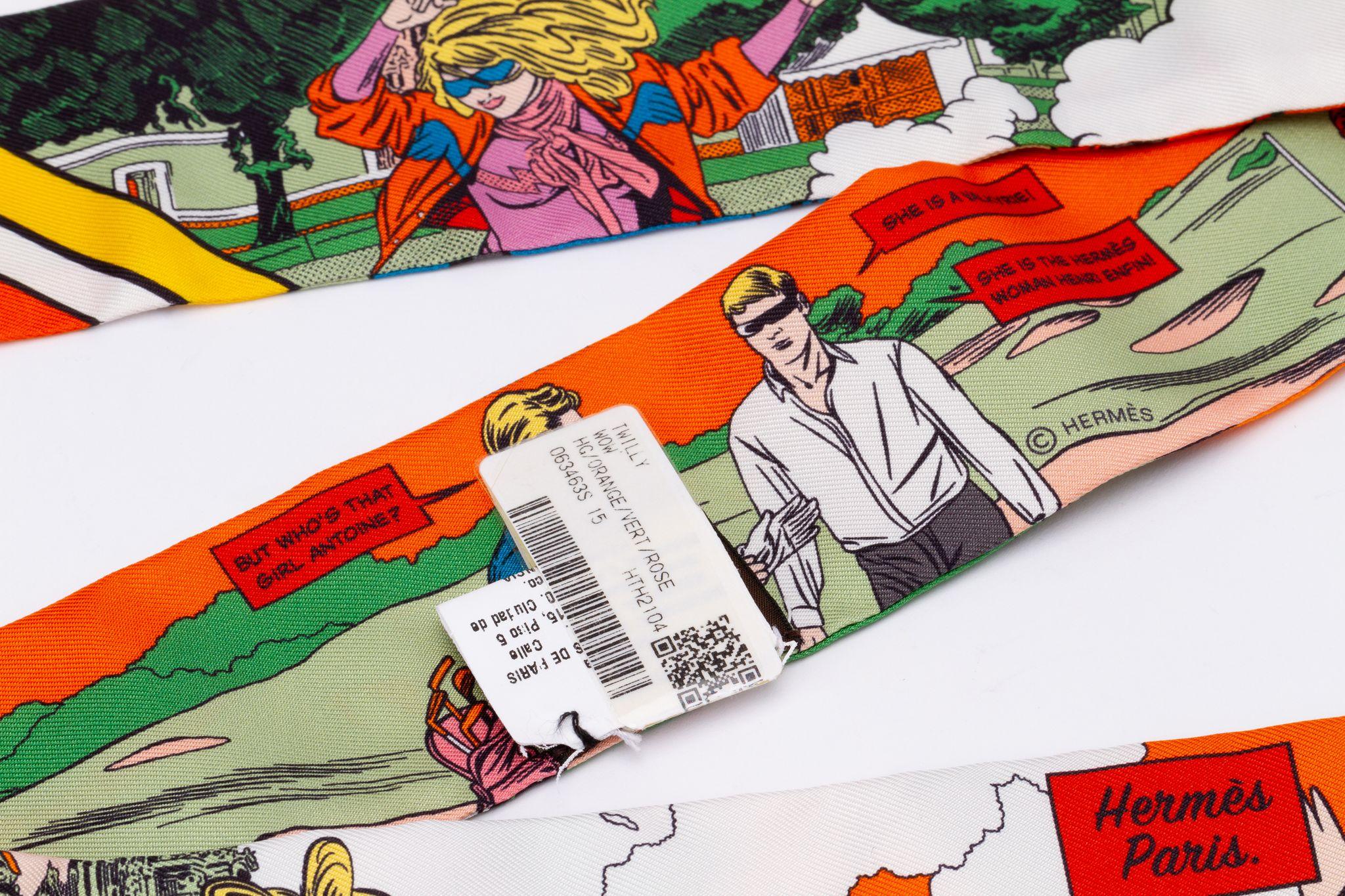 New Hermès Comic Twilly. The scarf is made out of silk and is multicolored. The print shows the story of a comic. The piece includes original box and ribbon.