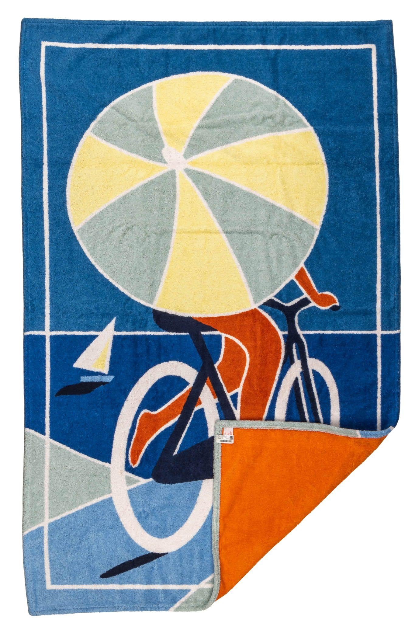 Hermès new cotton beach towel in blue color way with bicycle design. Comes with original box.