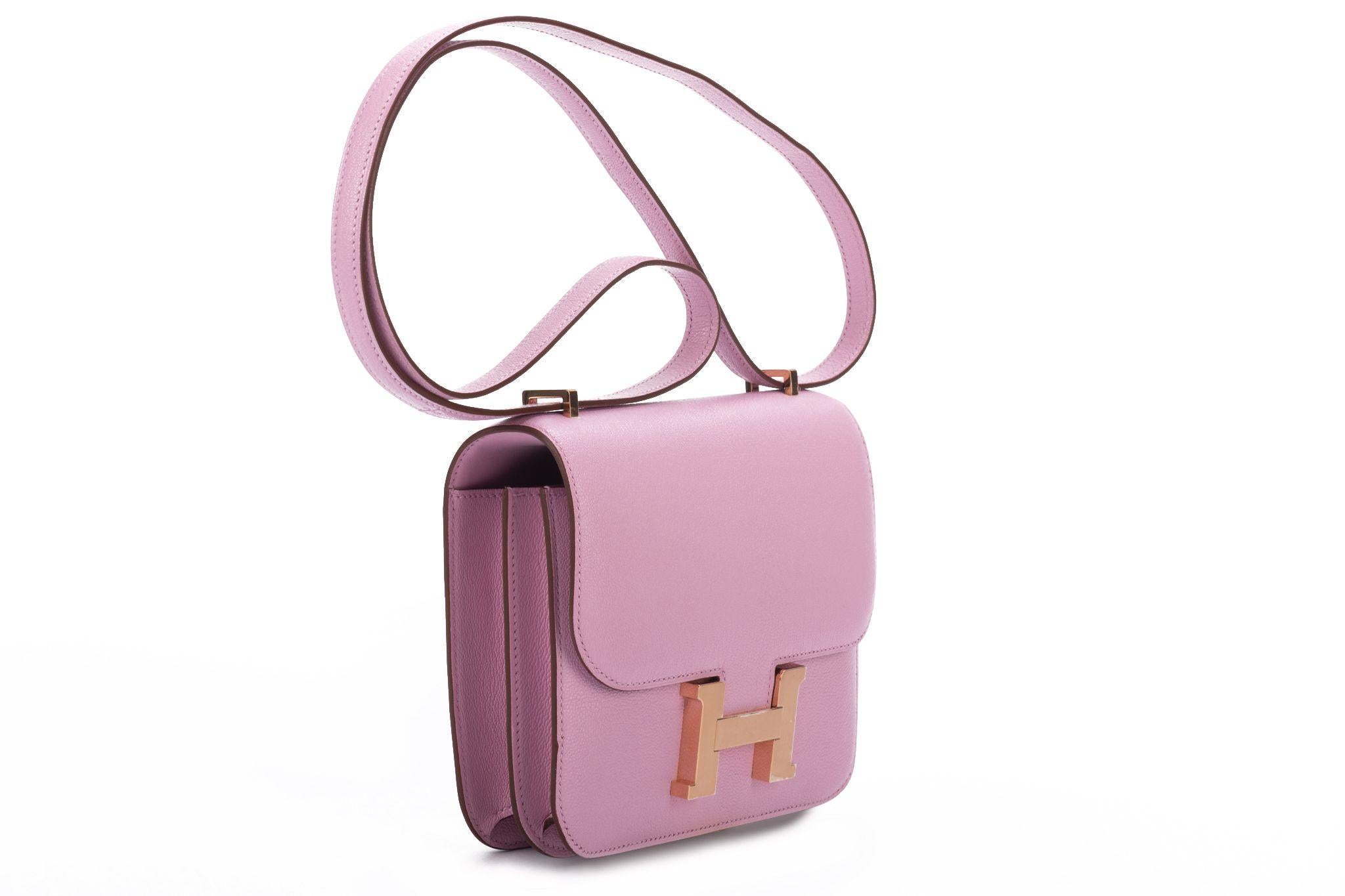 Hermes mini constance cross body 18cm in mauve goat skin leather and rose gold hardware. Date stamp U for 2022. Brand new in box with dust cover, booklet, felt.