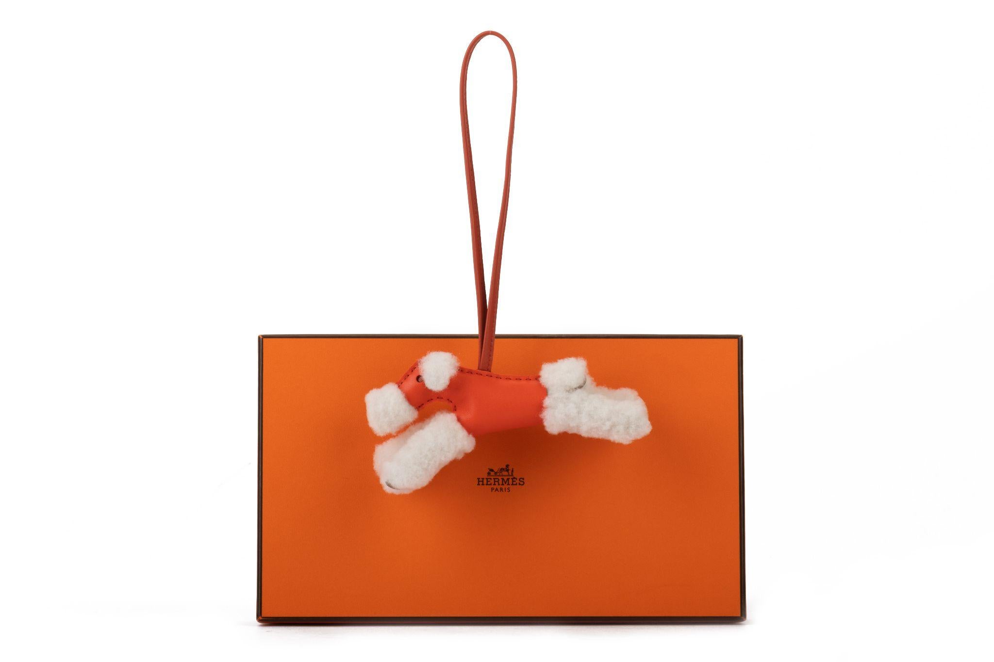 Hermès BNIB Orange Shearling Dog Charm For Sale 1