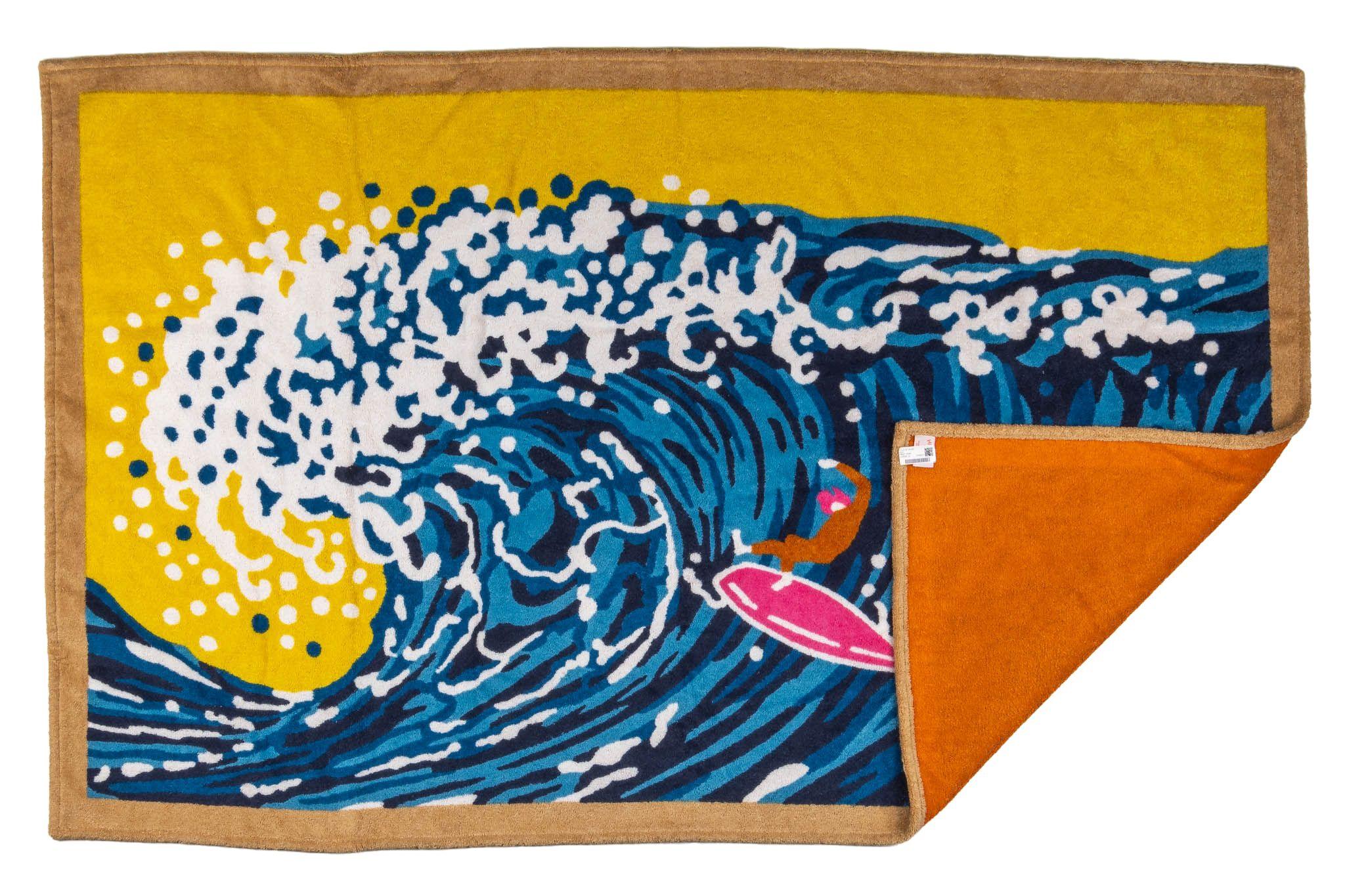 Hermès Strandhandtuch aus Baumwolle mit Wellen- und Surfermotiv. Neu mit Originalverpackung.