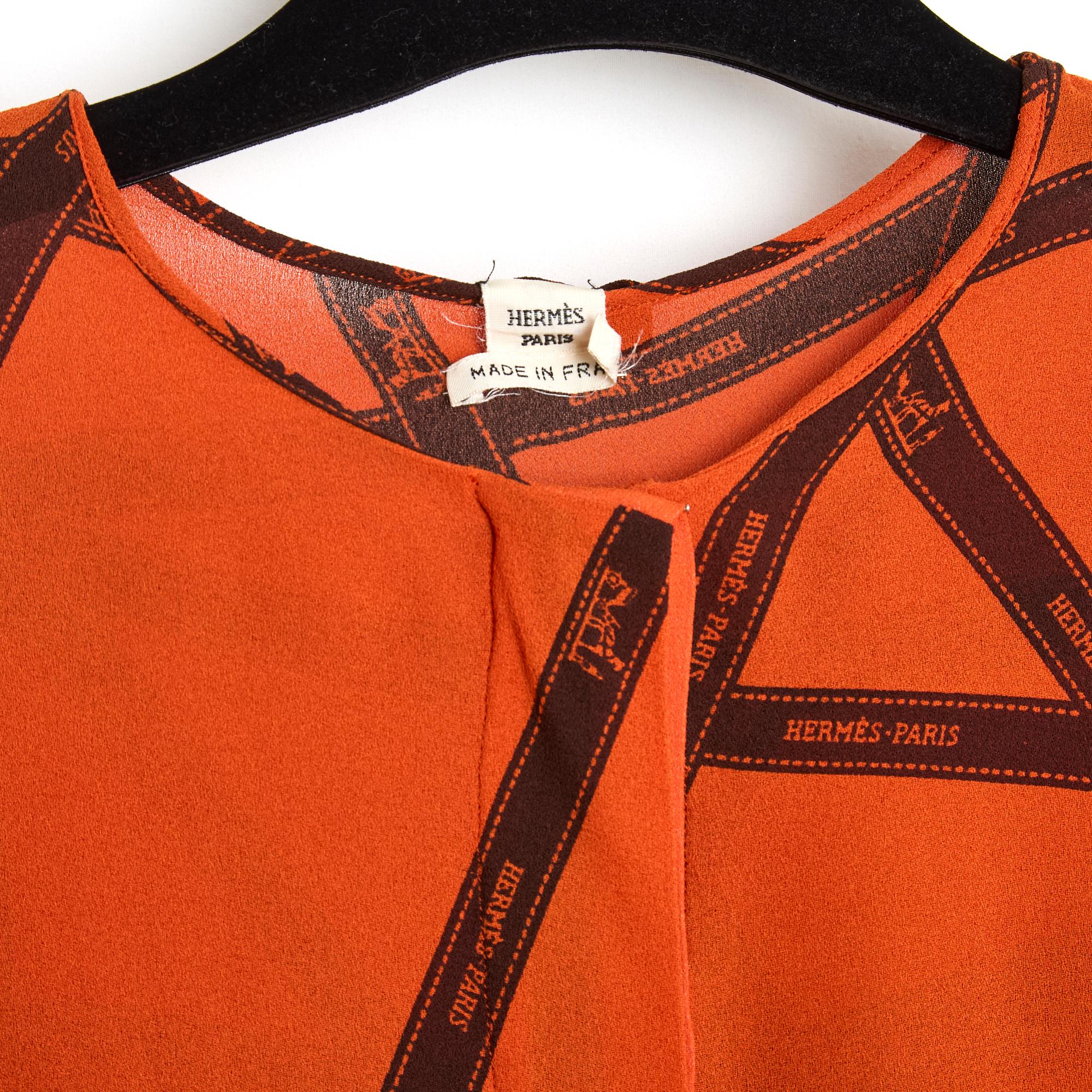 Red Hermès Bolducs Top FR42 Orange Silk Crepe iconic Bolduc Blouse US12 For Sale