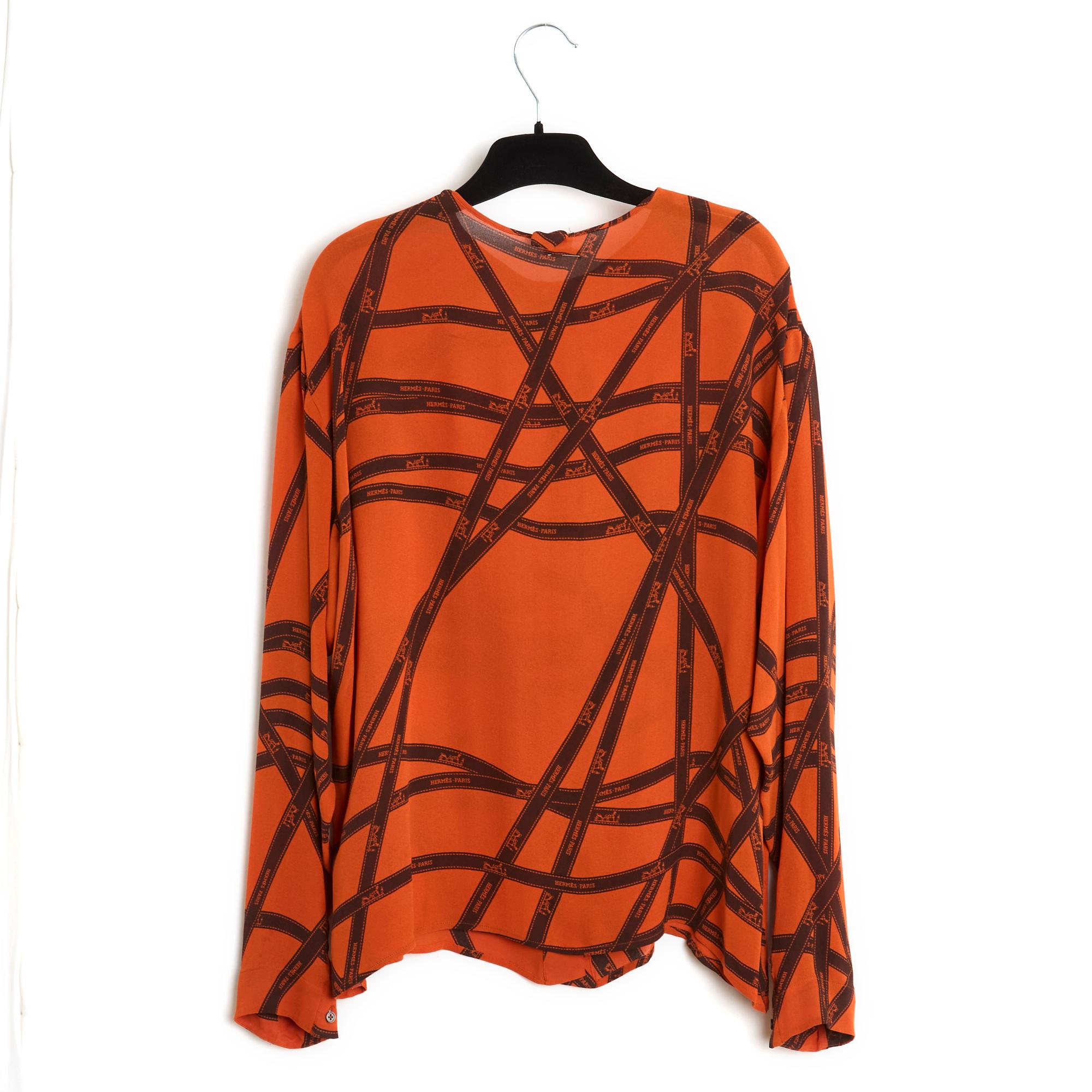 Women's Hermès Bolducs Top FR42 Orange Silk Crepe iconic Bolduc Blouse US12 For Sale