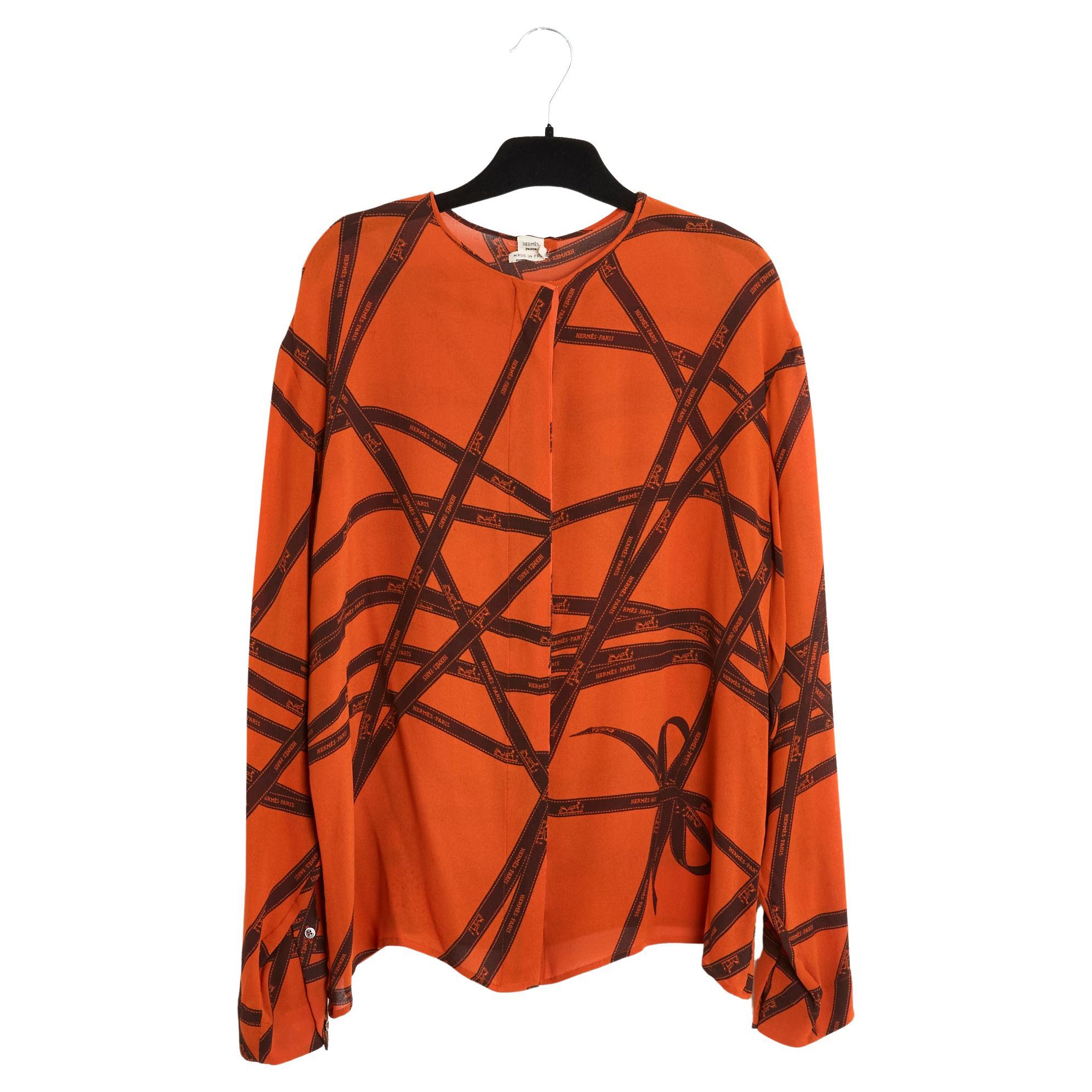 Hermès Bolducs Top FR42 Orange Silk Crepe iconic Bolduc Blouse US12 For Sale