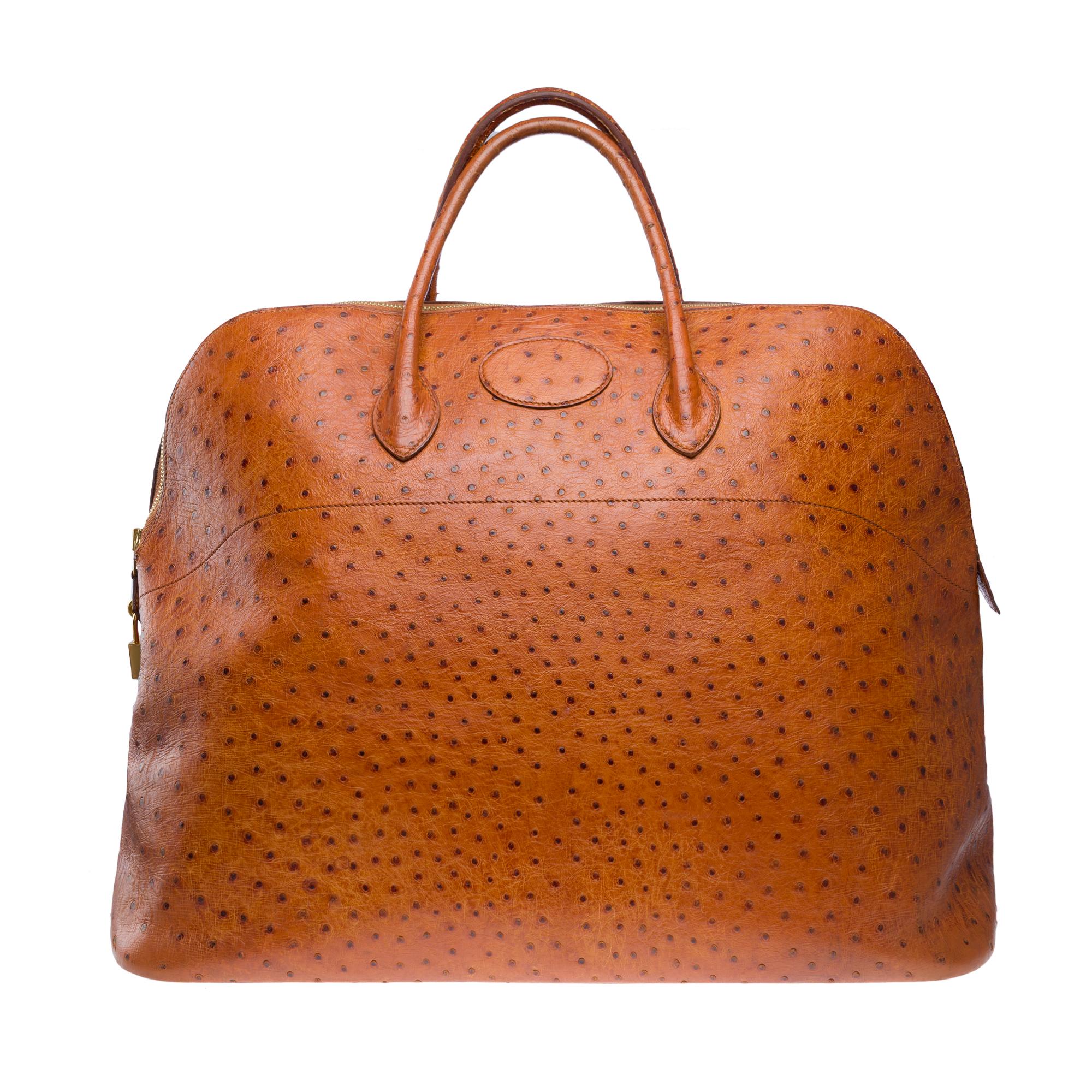 Brown Hermès Bolide 45 Travel bag in Cognac Ostrich leather, GHW For Sale