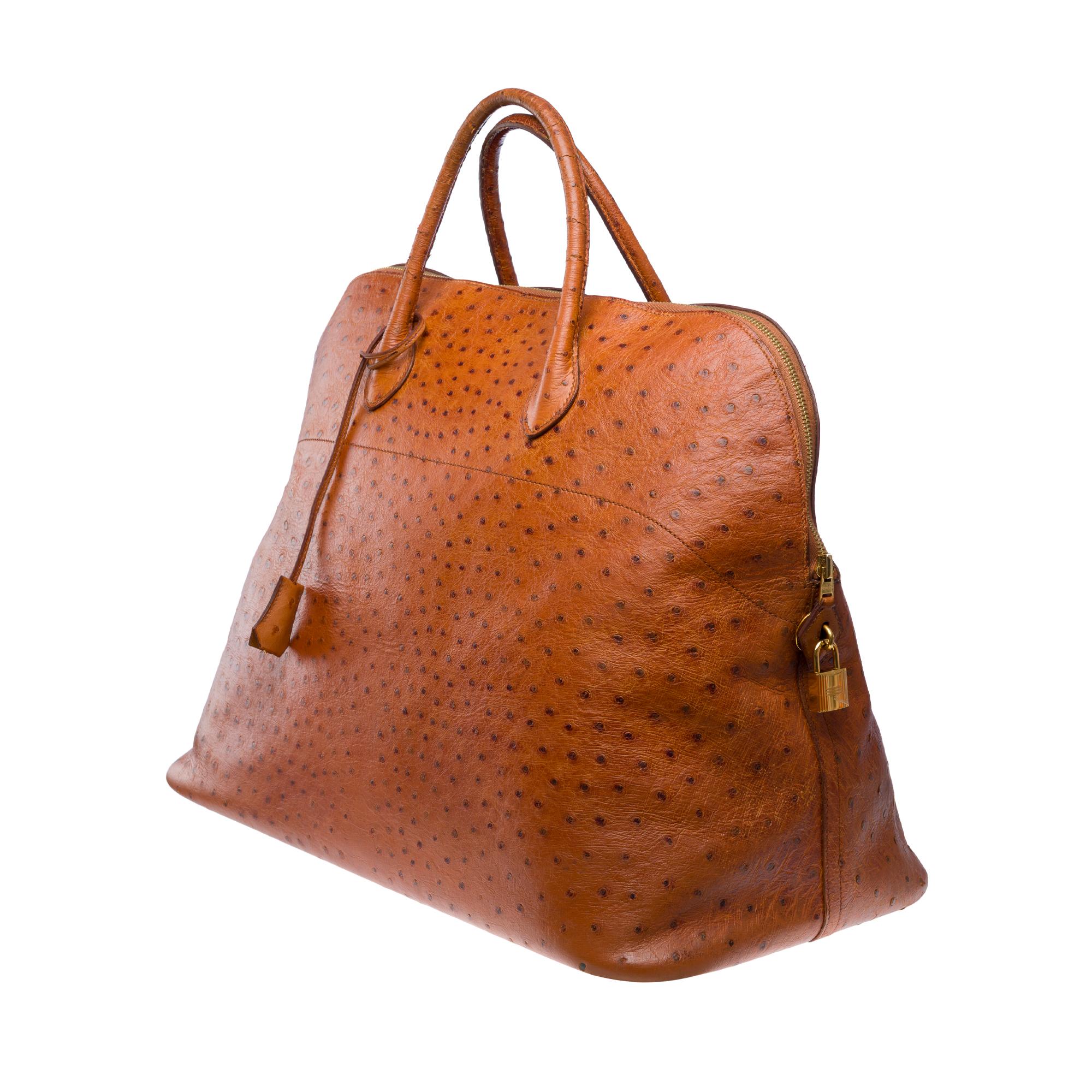 Hermès Bolide 45 Travel bag in Cognac Ostrich leather, GHW In Good Condition For Sale In Paris, IDF