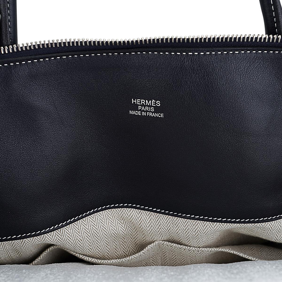 Hermes Bolide Relax (Mou) 45 Black Sikkim Leather White Topstitch Bag For Sale 3