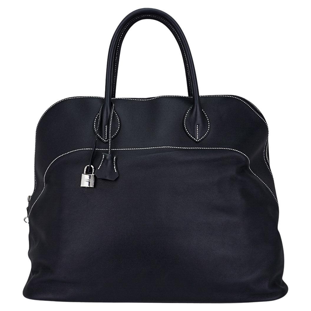 Hermes Bolide Relax (Mou) 45 Black Sikkim Leather White Topstitch Bag For Sale