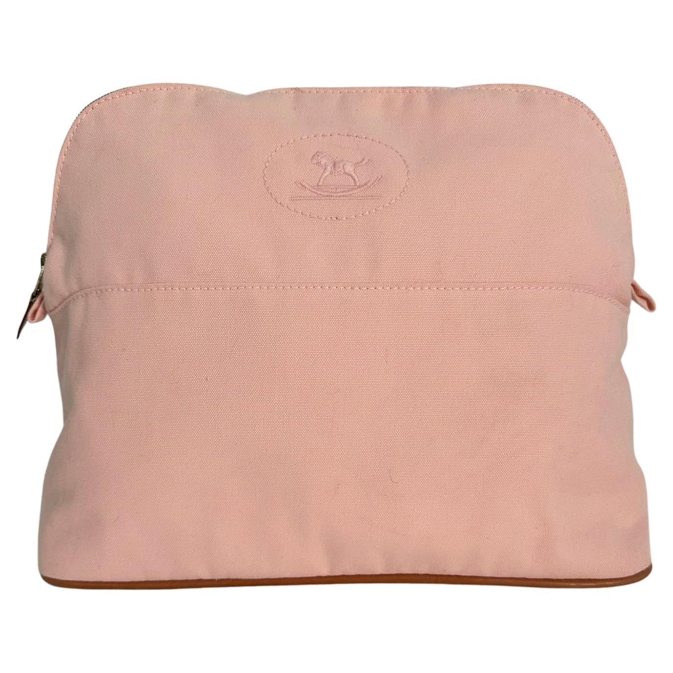 Hermes Bolide Soft Pink Canvas Rocking Horse Embroidery Large Cosmetic Bag 2021 For Sale