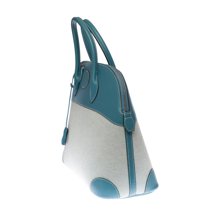 HERMES Bolide strap shoulder bag in blue jean epsom leather & white  canvas, SHW