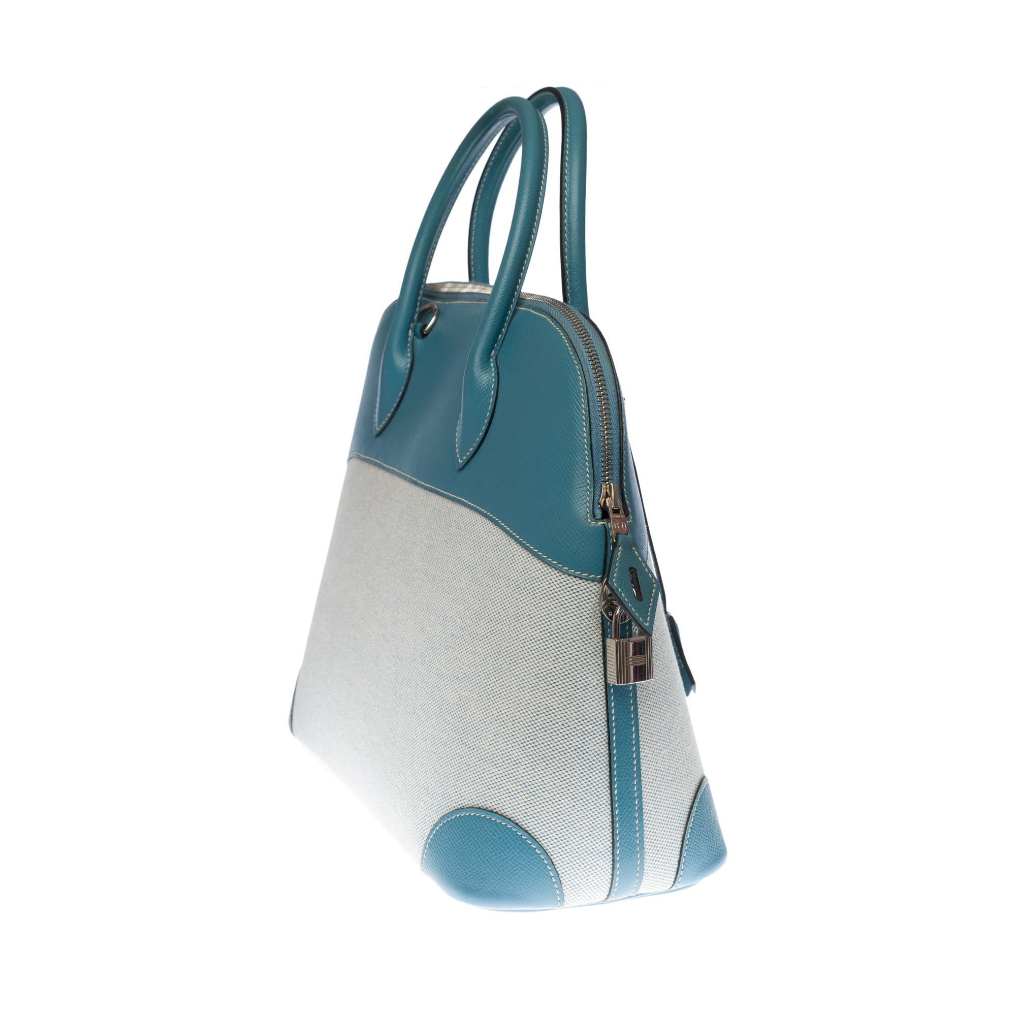 Hermes Bolide strap shoulder bag in blue jean epsom leather & white canvas, SHW In Excellent Condition For Sale In Paris, IDF
