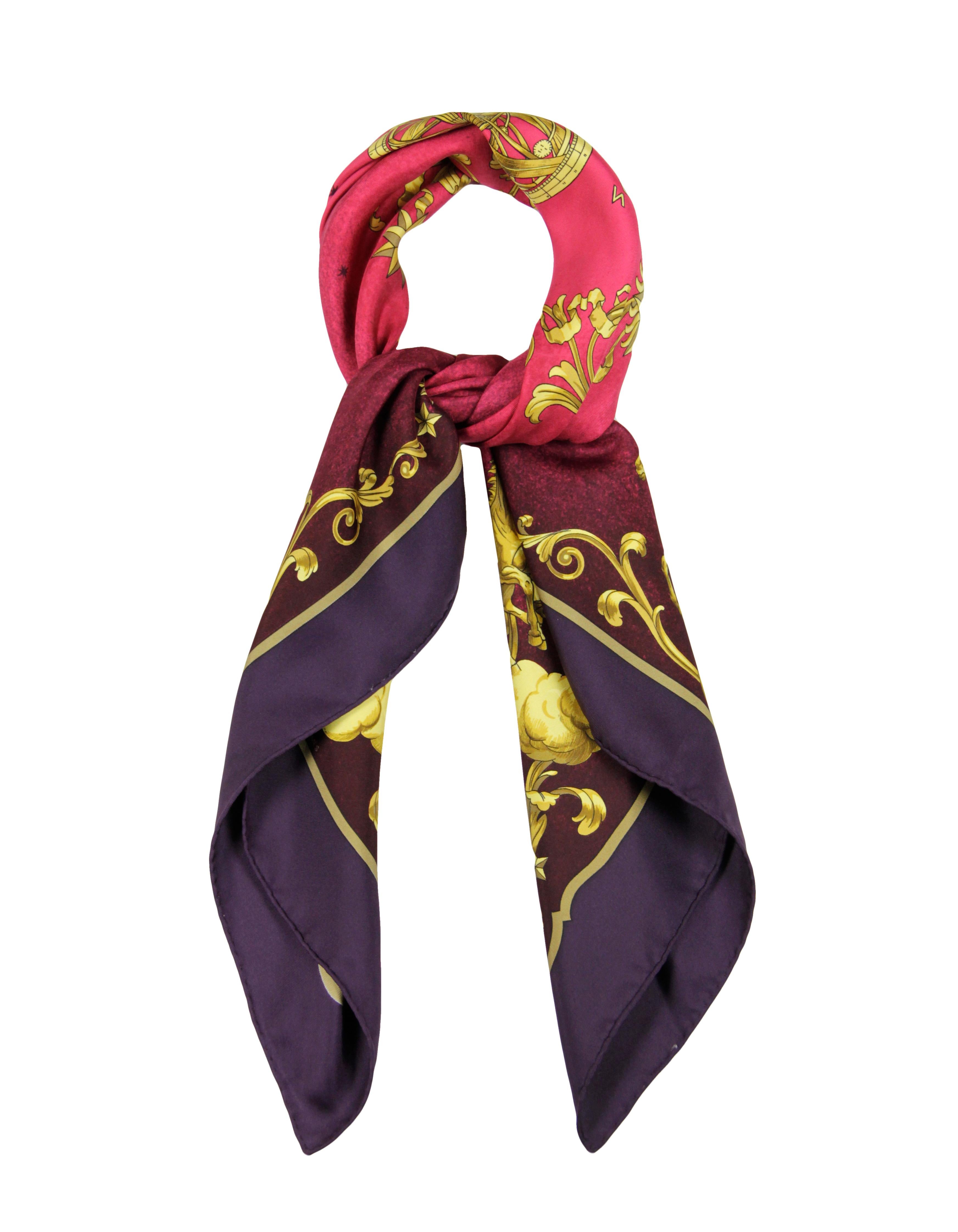 Brown Hermes Bordeaux Cosmos 90cm Silk Scarf designed by Philippe Ledoux For Sale