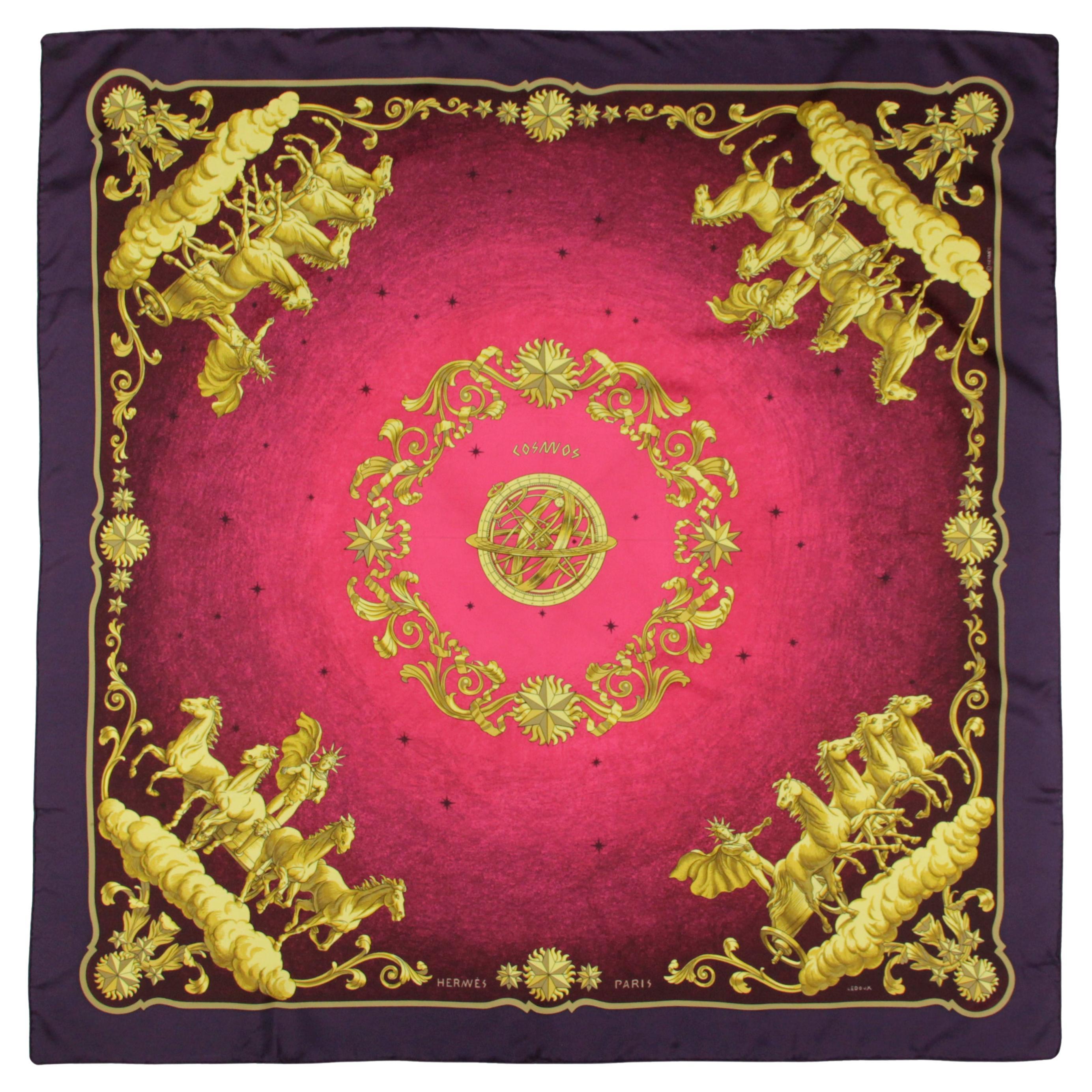 Hermes Bordeaux Cosmos 90cm Silk Scarf designed by Philippe Ledoux For Sale