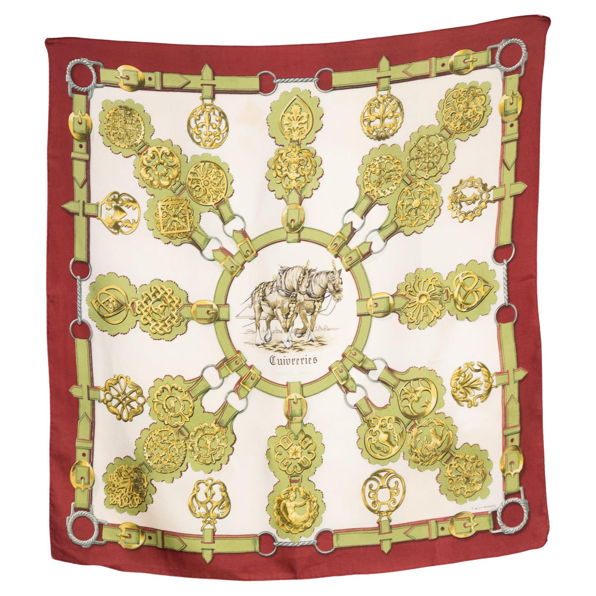  Hermes Cuivreries by F.de la Perriere Silk Scarf For Sale