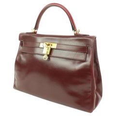 HERMES Rouge H burgundy Box KELLY I 28 RETOURNE Bag VINTAGE