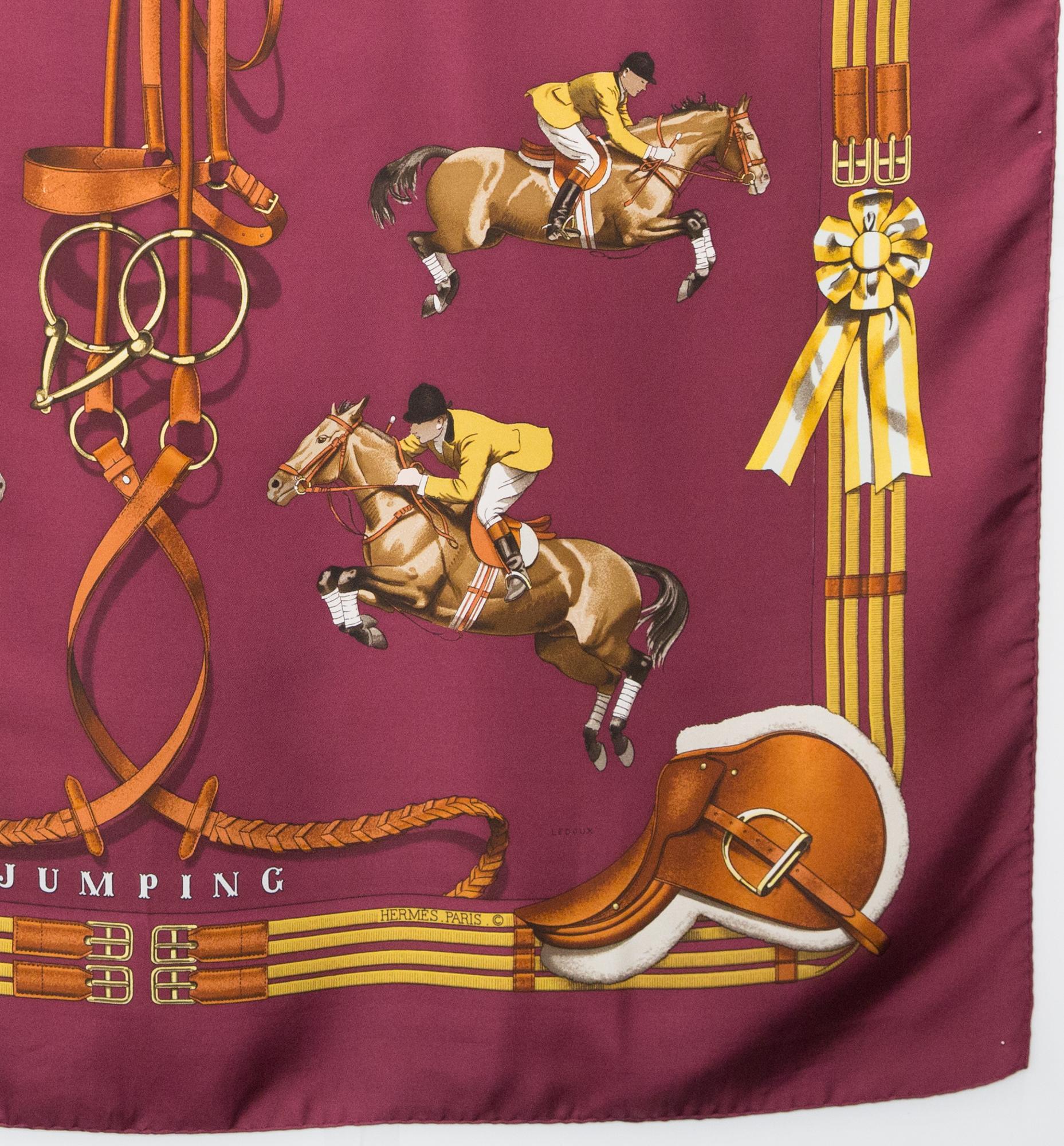 Brown Hermes Bordeaux Jumping by Philippe Ledoux Silk Scarf