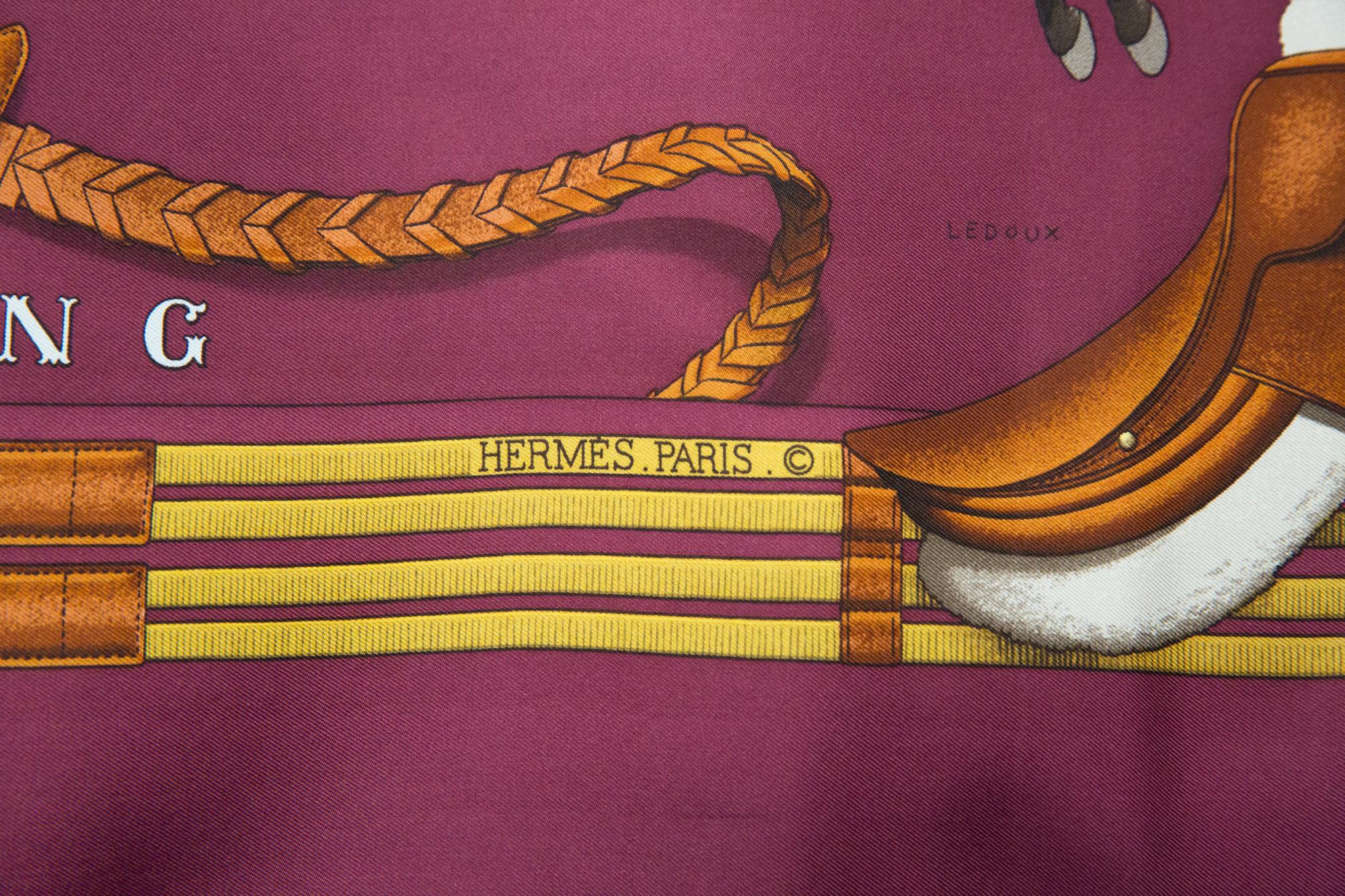 Hermes Bordeaux Jumping by Philippe Ledoux Silk Scarf In Good Condition In Paris, FR
