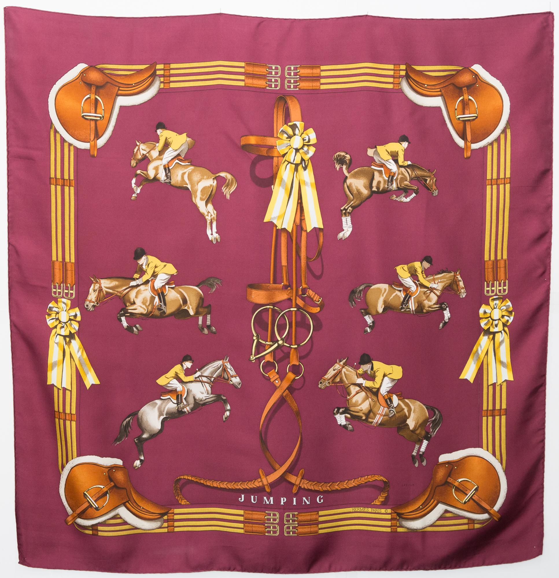 Women's or Men's Hermes Bordeaux Jumping by Philippe Ledoux Silk Scarf